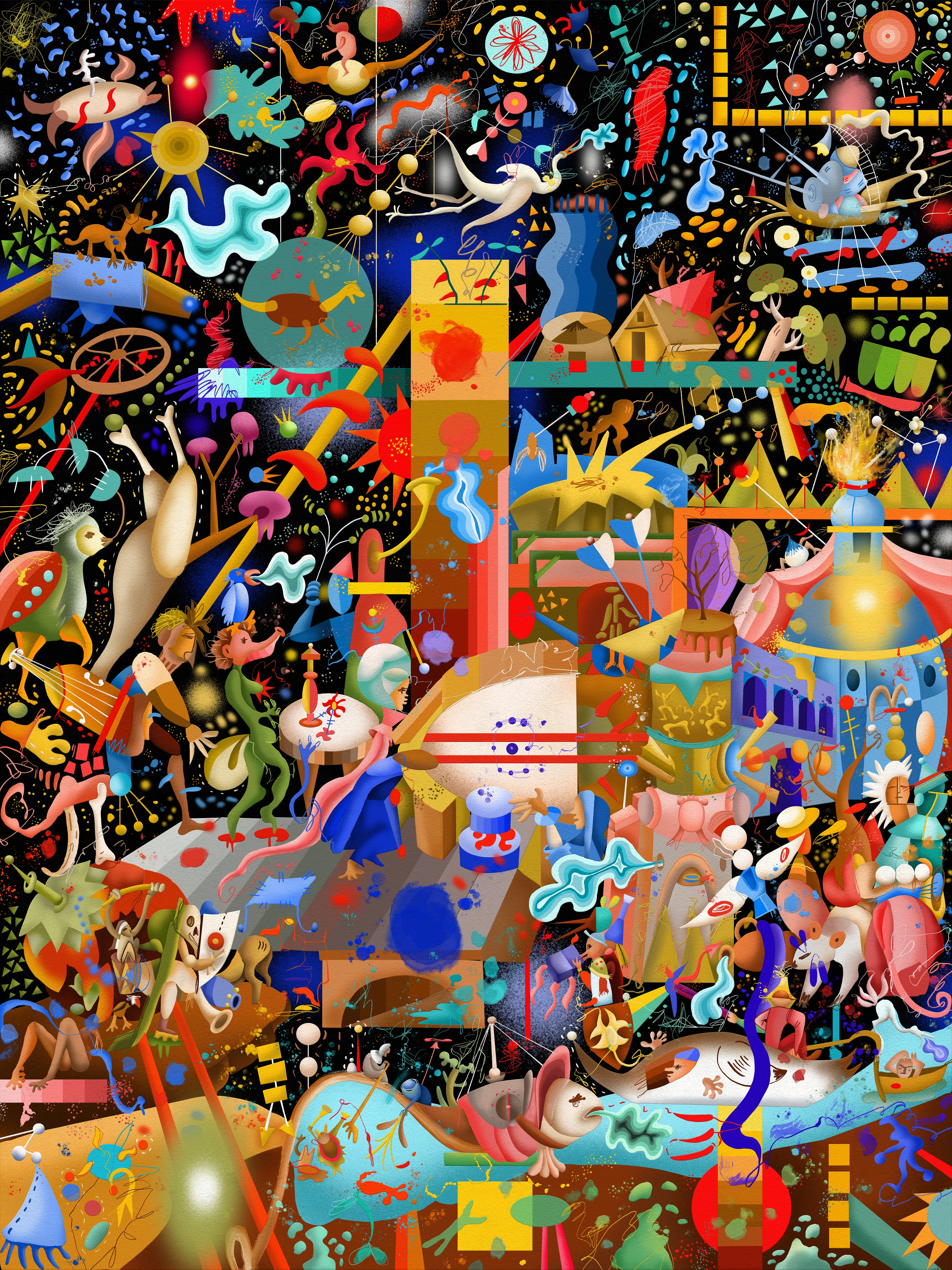 I have digitally recreated Bosch's art by abstracting forms without the use of AI questioning the original message by bringing it to our present using post contemporary tools. My purpose is transforming the visual and conceptual experience of the original artwork using technology as a substitute of oil painting. Images, characters and symbols tear apart, melt and transform as much as its meaning. Everything is disarticulated and gets dismembered leaving behind the moralist and religious message the original painting used to transmit several centuries ago. What we have instead is a number of grafisms, geometric and organic forms, stains, drippings and digital resources we use in present time, they are an invitation to reflect about how much the world has changed, human behaviors, the importance of religion and the place it occupies in our lives.
It’s a very complex painting beside it’s meaning, composing with an open color palette without losing balance it's a huge challenge.
This NFt includes a hand signed and numbered (1/1) print
Size 80 x 60 cm