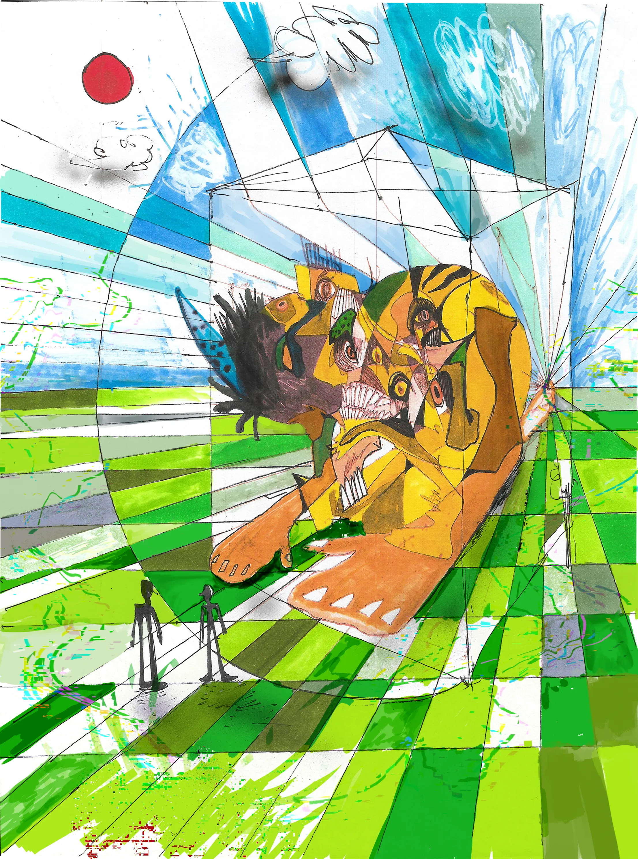 My favorite thing about this artwork is the dimensionality and the immediacy achieved.  It is quite special to me, not only because I "evolved" the original drawing, but because the character Dots almost interjects himself in the artwork. The figure is in a kneeling position, which resembles prayer, and is in an environment intended to be an allusion to the metaverse. Dots and Aleqth Unify in this piece, and although the ratio is uncertain, it is evident by the primary figures left (right) ear. 

I came up with the name "Junya" for the original drawing in listening to Kanye West's "Junya". It goes something like "Junya Wantanabe on my WRIST!" with a church organ and infectious baseline in the background. The sonics of the tune inspired a  sort of  intense reverence, represented in this artwork by the gnashing teeth and the impression of immense gravity.  I also see this piece as a draft-work for a much larger sculpture.