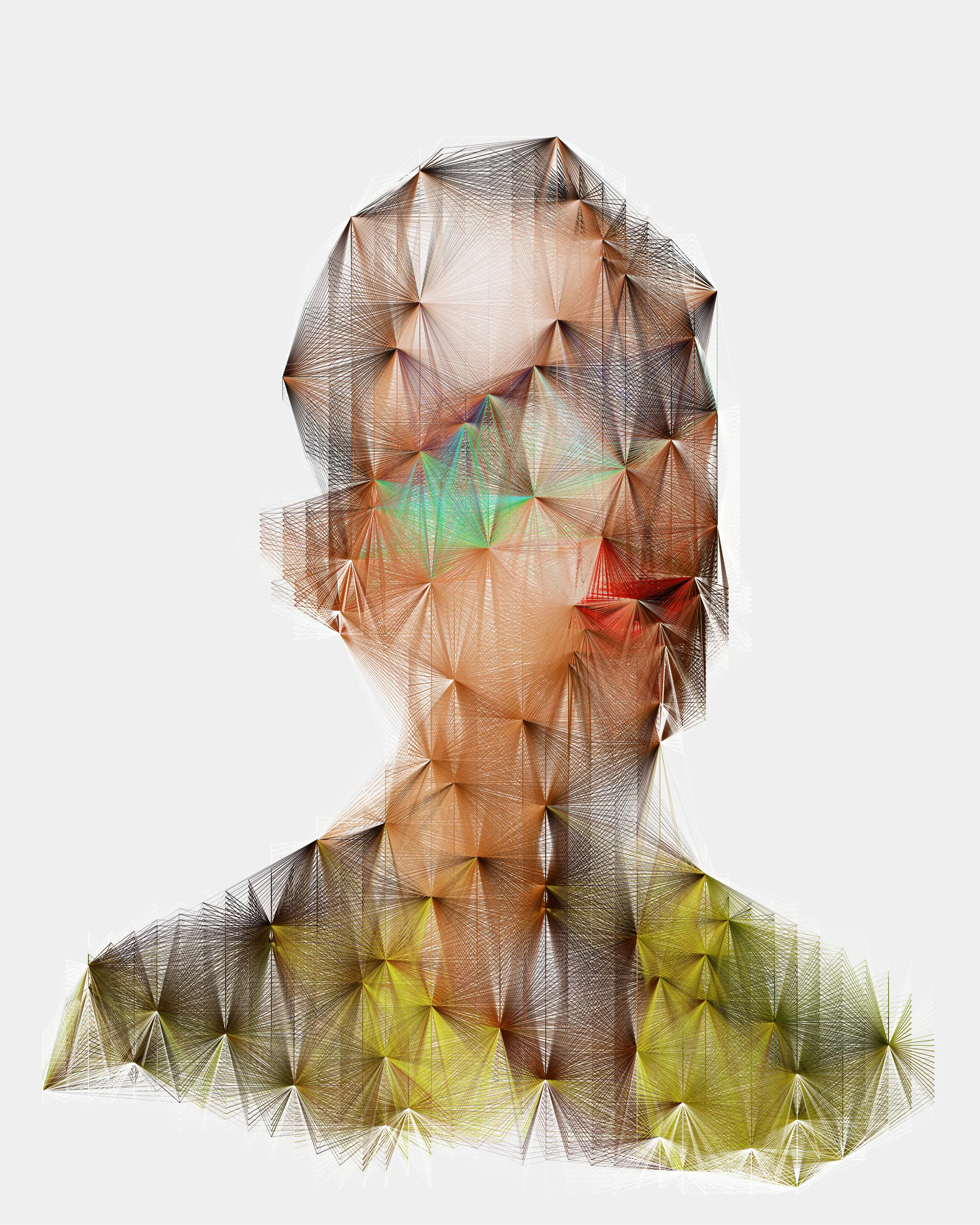 This unique portrait is from the series 'alternatives'. A series of 100 generatively created portraits using Javascript and sourced images. 'alternatives' was first exhibited in a solo show at Kate Vass Galerie in 2019, curated by Jason Bailey.