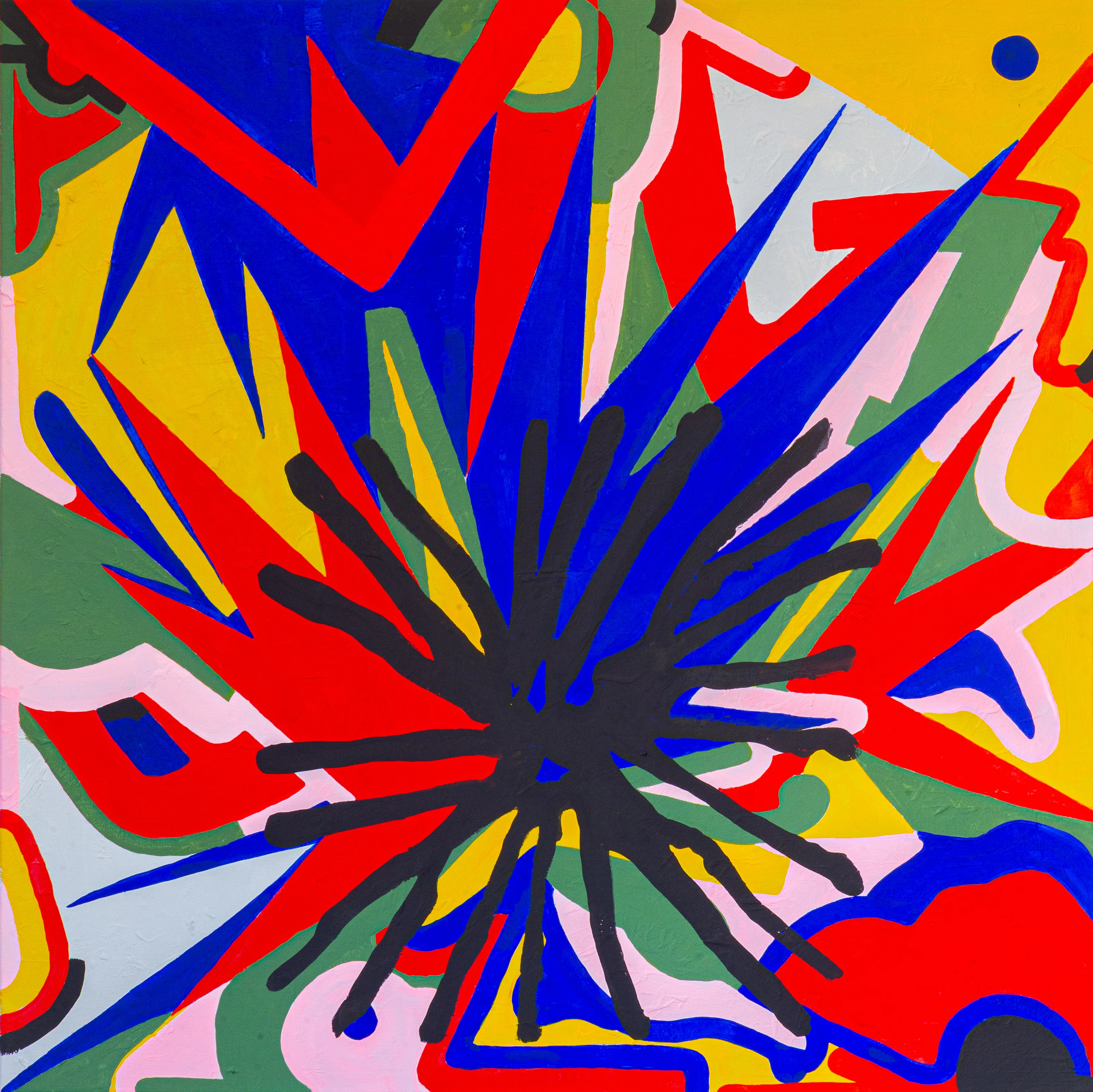 This vibrant and explosive composition is a bold celebration of energy, movement, and rupture. Radiating from the center is a dynamic black burst, almost volcanic, disrupting the surrounding geometric chaos. Shards of electric red, cobalt blue, and sunflower yellow pierce through the canvas in all directions, colliding with soft pinks and forest greens, creating an atmosphere of controlled chaos. The layered forms evoke conflict, transformation, and perhaps a symbolic shattering of inherited structures—suggesting themes like succession and the urgent need to break the cycle.

This is a physical artwork, painted in acrylic on canvas, measuring 60x60cm.
The first buyer will receive the original piece at home, and shipping fees are the buyer’s responsibility.