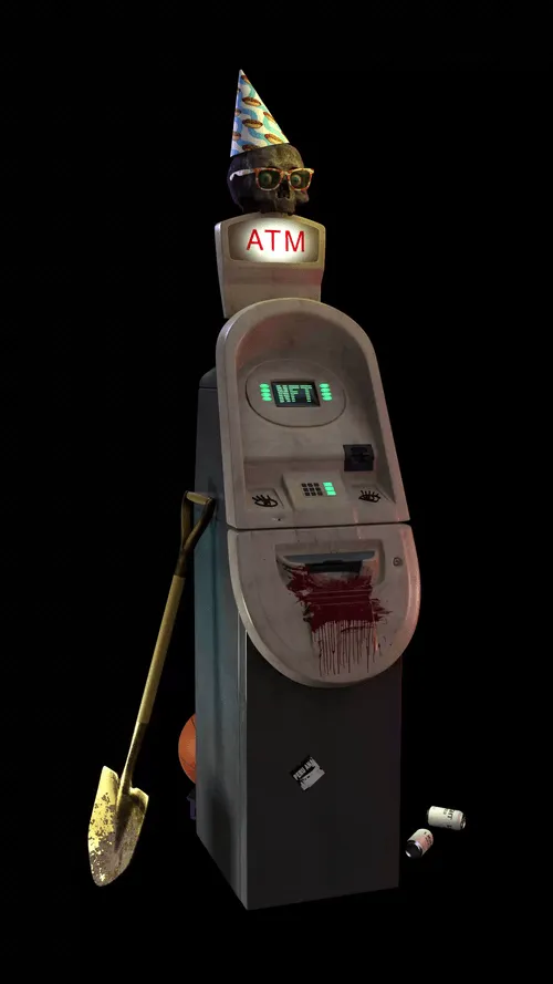 A cash-only tombstone; divine altar of the ancients with offerings to the $3.00 transaction fee G-ds. You, totemic shaman, crypto-seeker, follow the glowing beacon of death calling to you (from the corner, by the bodega) looping seamlessly in 4K.

Looping 3D animation, 16 seconds, 3840x2160px. Everything created from scratch using Blender, Zbrush, and Photoshop, by yours truly, FakeShamus, Manifest Destinaut.

ps- you've got some blood on your chin...