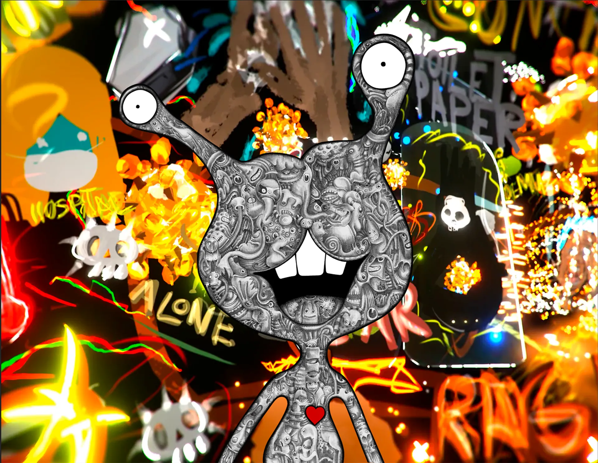 Happy-END eyes are wide apart and they can see further than any other regular set of eyes. But seeing too far, too wide and too clear isn't always good. 
“Why is a raven like a writing-desk?” 
Breathe. And shake it out. Shake it, sh-sh shake it! 

In this piece, Hackatao uses VR for the first time, combining it with their traditional drawing technique. The use of Tilt Brush is purposely carried to the extreme, recalling the creation of a child in “wonderland” and translating the surreal feelings of this moment. The music, by Lilsiri.eth from ETHGANG, contributes to this apotheosis of colors and glitters. While the VR helps the transition through two different realities, at the end of the video relieved and light.

Read full article by Eleonora Brizi on: https://beta.cent.co/+6xpu7m