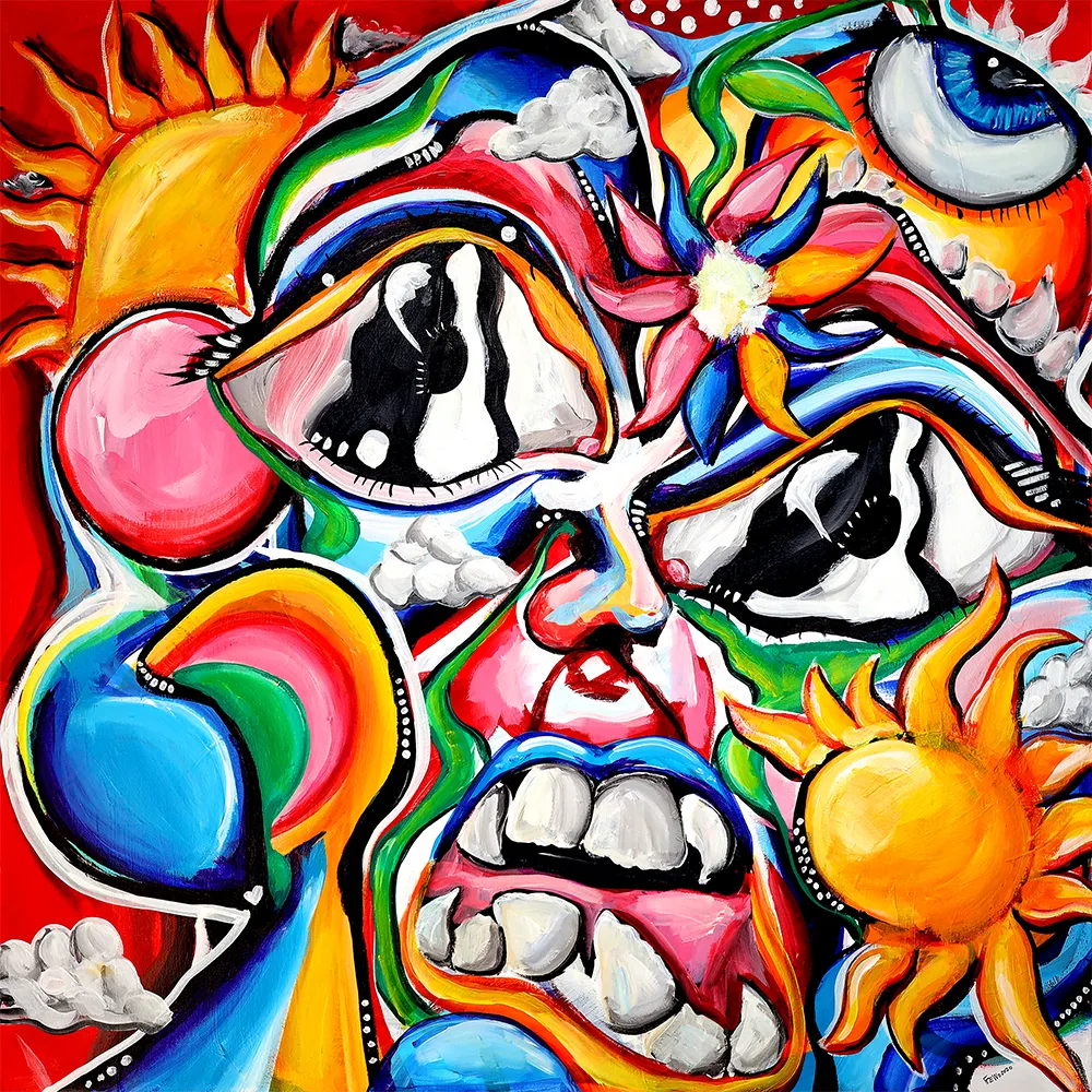 30x30 inch canvas, original FEWOCiOUS physical painting included in sale to first person who buys the NFT**    a piece about becoming overwhelmed with my thoughts & trying too hard to be a star. calling out for true love, but forever i am alone.