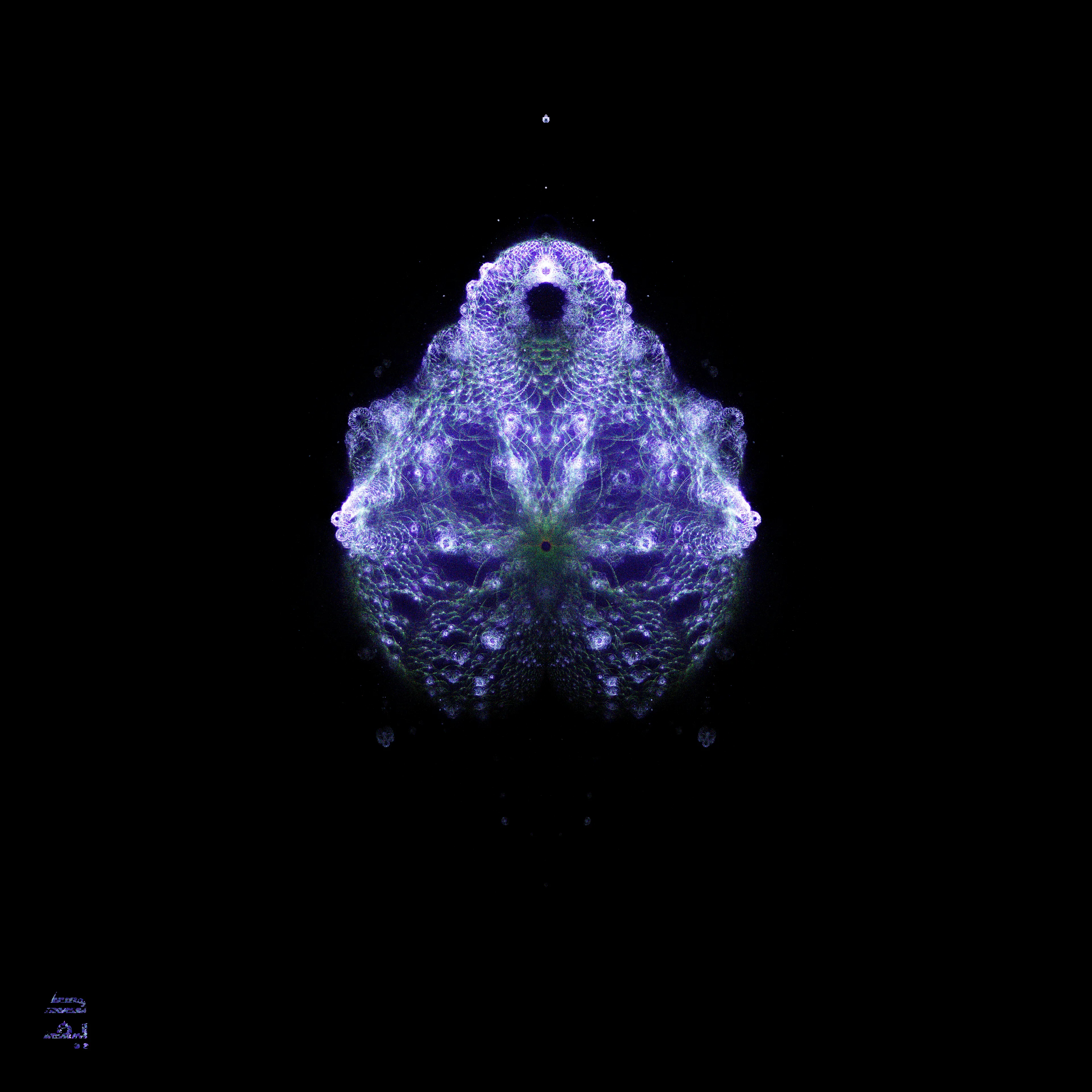 Anthropobrot 139 stands proudly under a pyramidal constellation, dressed in the purple of royalty, despite being a priestly figure lacking the crown-like headdress of royal anthropobrots.

Anthropobrots are pareidolic figures hidden in the fabric of mathematics. They arise from the density graphs of precise waypoints in the orbits of seed points comprising the outline of the Mandelbrot set. But unlike the Buddhabrot, which they loosely resemble and are related to, every Anthropobrot figure is visually distinct, as you will see from other members of the "Born to the Purple" series.