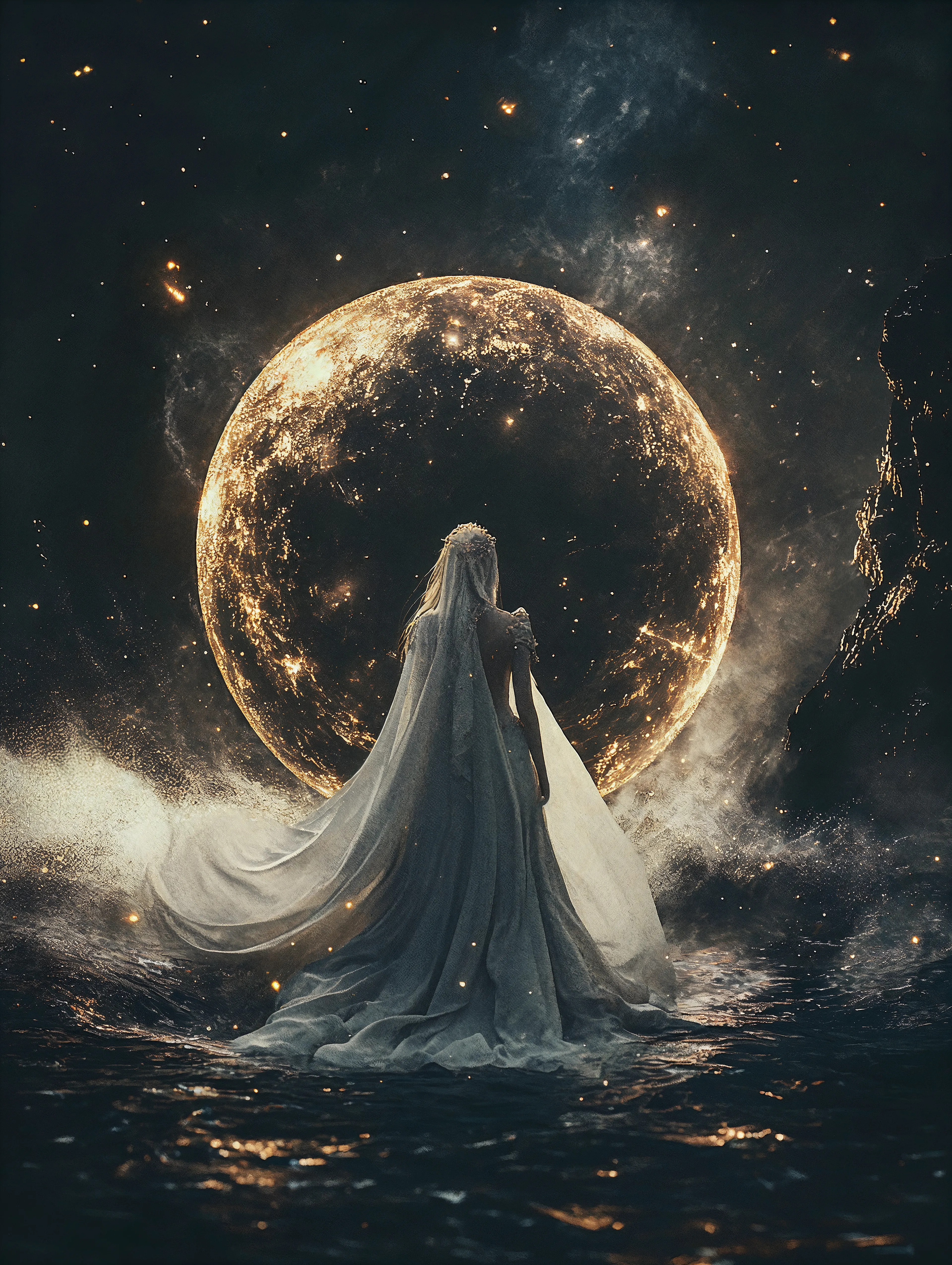 Long ago, the moon fell in love with a mortal woman. To unite with her, the moon crafted a luminous gown from stardust and gave her the seas. The moon called her Luna and brought her to the heavens.

Now, every century, she appears on the shores of the astral sea, where the veil between worlds grows thin. She renews the vow between the heavens and the earth, ensuring the cycle of light and darkness endures.