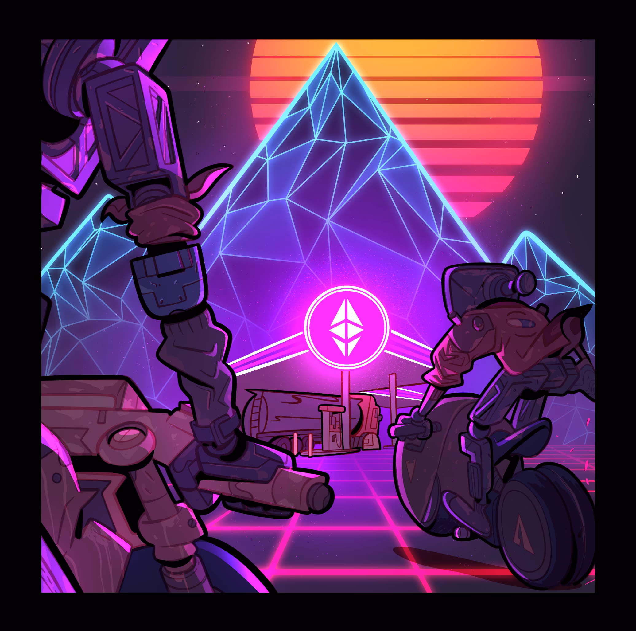 Panel One of "Eth Riders" from @threepanelcrimes & @bencob

One of a three panel set

Animated

1/1

"The ETHRIDERS approach the gas depot on delivery day."