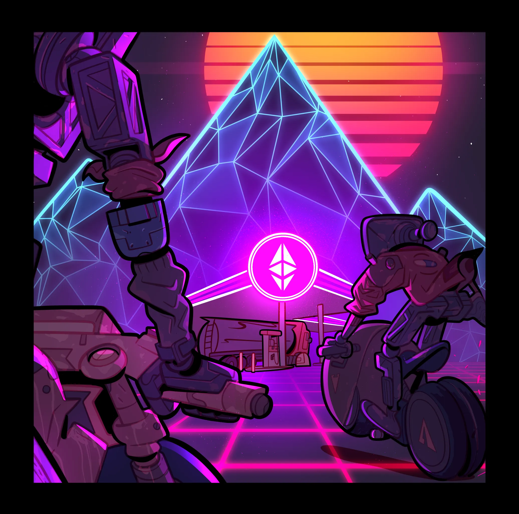 Panel One of "Eth Riders" from @threepanelcrimes & @bencob

One of a three panel set

Animated

1/1

"The ETHRIDERS approach the gas depot on delivery day."