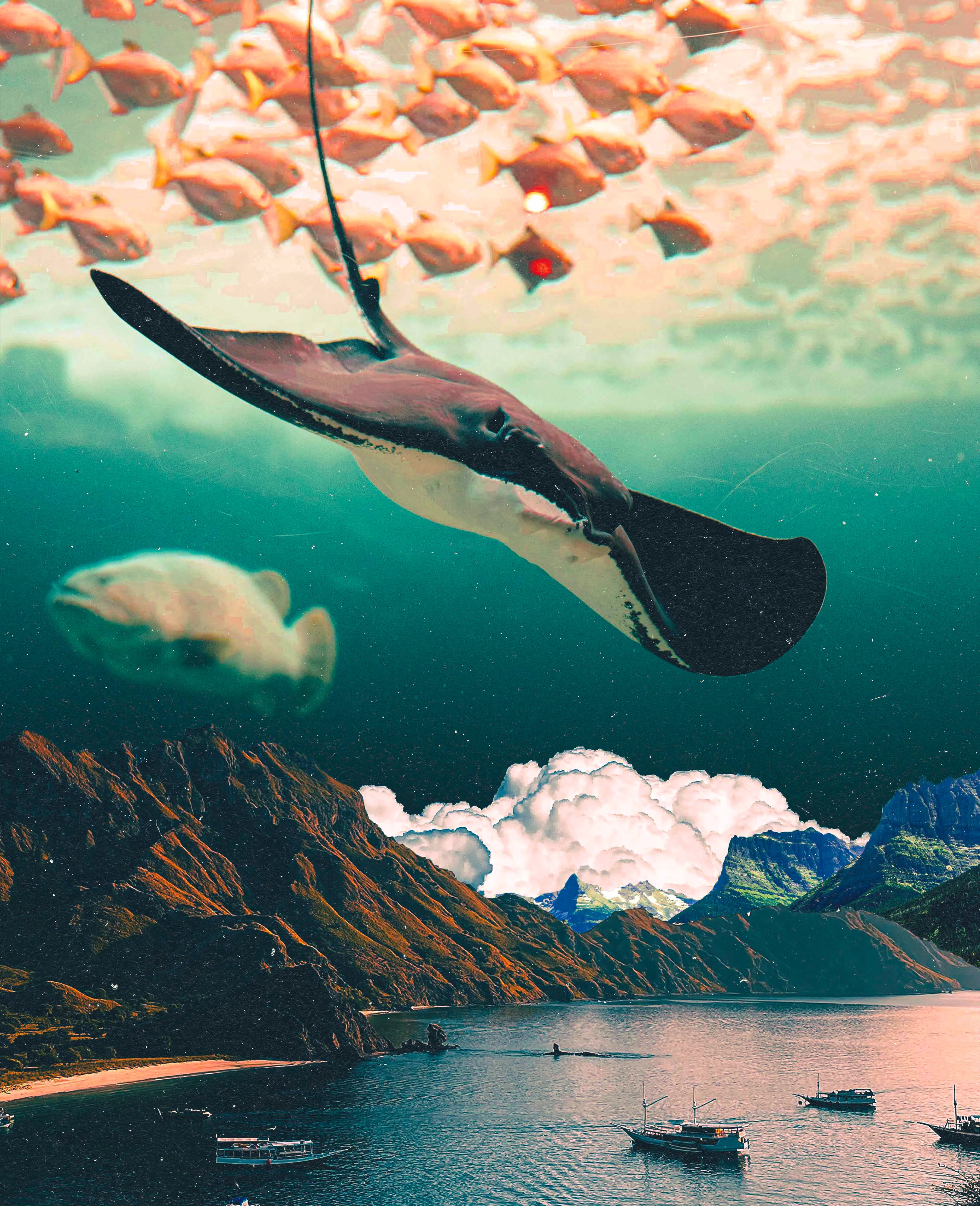 As a scuba diver and general lover of the ocean, I am completely fascinated by the uninterrupted world underwater. I love how fish swim in schools and hide from predators; how coral attracts algae to eat and how sea creatures build homes on the undersides of rocks. I love going diving at night and watching fish rest while other fish hunt. I love establishing perfect buoyancy and just watching it all happen. I created this piece as a recollection of those experiences, combined with representation of our own world to demonstrate how similar they are, yet how vastly different they seem. The title 'Parallel Ecosystems' reifies how we're all quite similar. 