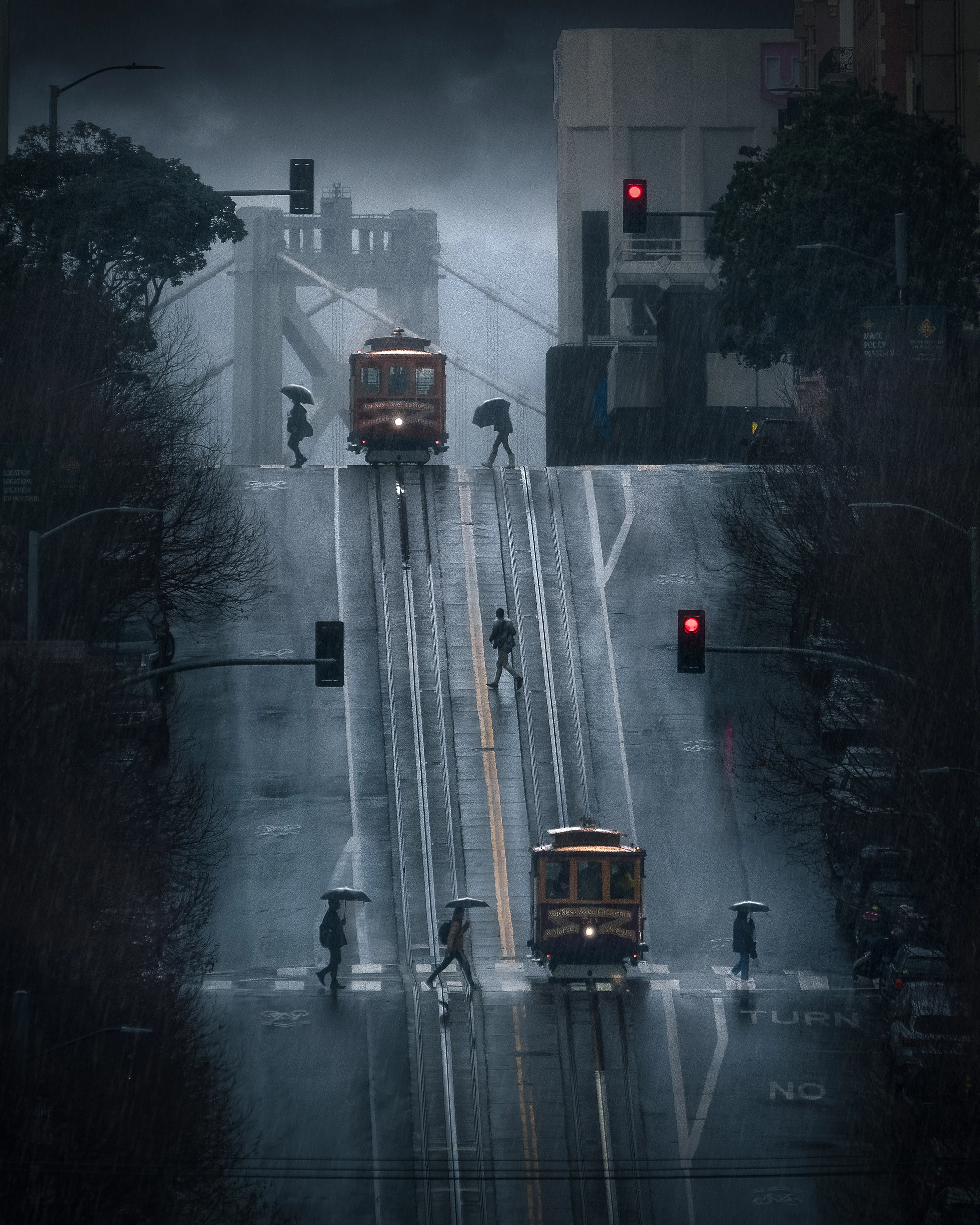 This is a time-blended composite I created in 2019. It has been shared countless times on the web and has experienced huge success and virality.  To create this image, I shot over a thousand photographs along California Street in San Francisco with my camera locked on this composition on a tripod. I then curated the images and meticulously blended my favourite moments of time together to produce this interpretation of my experience from that rainy afternoon. Part
of the Côte 2 Coast exhibition hosted by the 0x_Society. 15% of the proceeds go to 0x_Society.