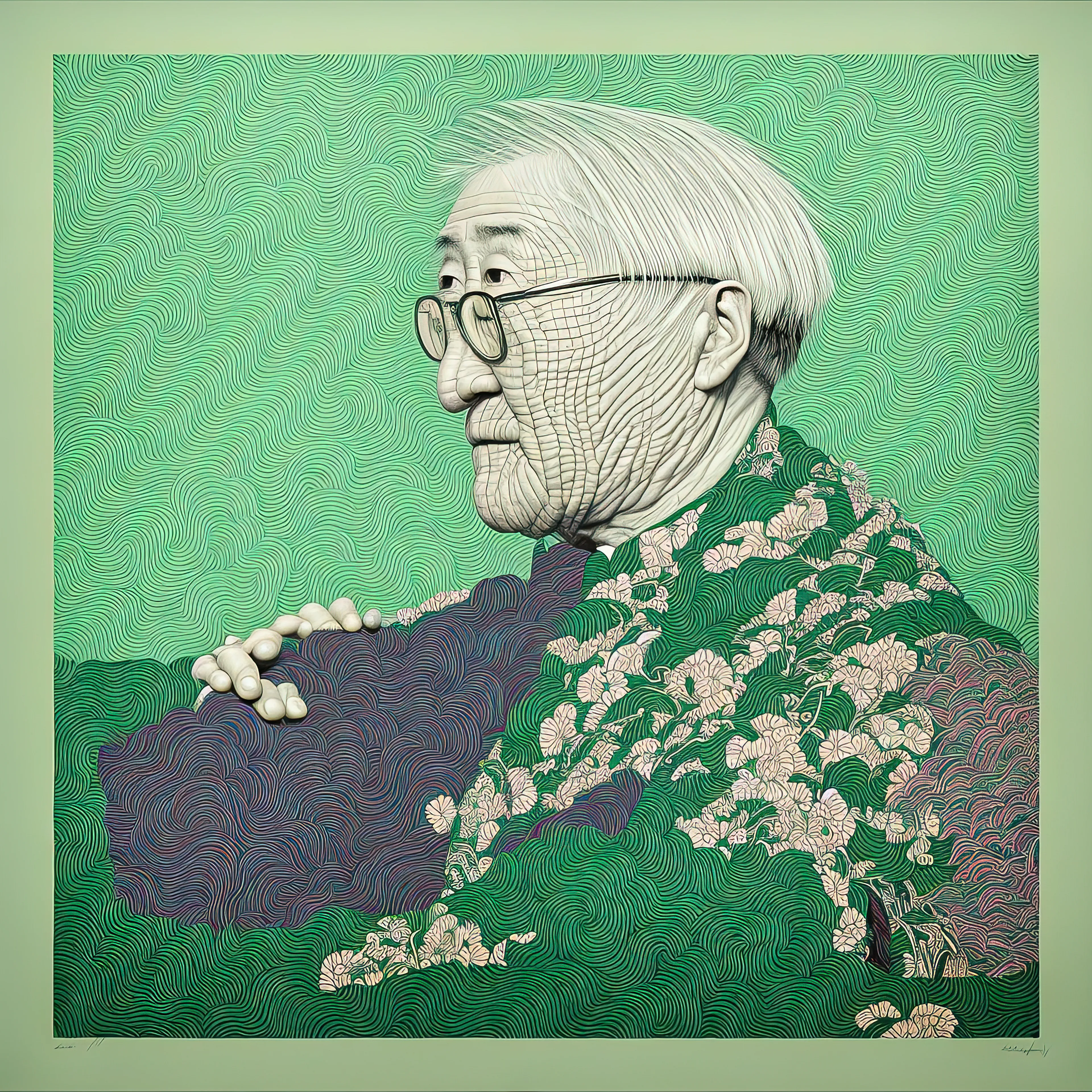In tranquil gardens, serene and pure,
A gardener tends with skill that's sure.
He prunes and shapes, with gentle touch,
A symphony of color, nature's hush.

The artist came, to paint his art,
Of blossoming harmony, a work of heart.
He captured Sato, in traditional dress,
With shears in hand, in nature's caress.

The painting hung, in galleries bright,
A tribute to the gardener's might.
With every petal, every leaf,
A reflection of his passion, relief.

For Sato, the gardens were his life,
His love for nature, free from strife.
He tended them with care and pride,
A haven for all, to enjoy inside.

In "Blossoming Harmony" the artist found,
A message for us all around.
Respect for nature, peace and grace,
In Sato's garden, a special place.

As the seasons come and go,
Sato's garden continue to glow,
A reminder of the beauty of life,
And the power of passion and strive.

Digital Artwork made by Richard Nadler, 1/1 Edition, Munich, Germany, 01/23