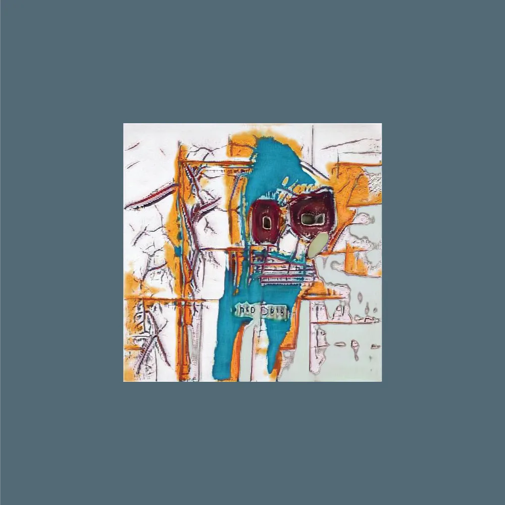 Artwork created from GAN (generative adversarial network) trained on paintings and drawings by Jean Michel Basquiat with some influence from a model trained on the Simpsons.