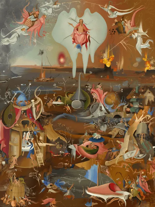 Bosch’s Last Judgement is a triptych which represents the moment when all people will come to life again: the good people will be rewarded by going to Heaven; the evil people will go to Hell.
In this triptych I have digitally recreated this painting and abstracted its forms without the use of AI. I tried to stay close to the original color palette and the composition; however I am questioning the original message by bringing it to our present using post contemporary tools.
My purpose is to transform the visual and conceptual experience of the original artwork using technology as a substitute of oil painting.
The images, the characters and symbols tear apart, melt and transform as much as its meaning.
Everything is disarticulated and gets dismembered leaving behind the moralist and religious message the original painting used to transmit several centuries ago.
What we have instead is a number of grafisms, stains, drippings and digital resources we use in present time, they work as an invitation to make us reflect about how much the world has changed, human behaviors, the importance of religion and the place it occupies in our lives.

The Last Judgement Central Panel
In Bosch’s central panel is Christ as a judge within a celestial sphere, flanked by angels who are playing the Trumpets of Last Judgement, and by the apostles. Below him is the punishment of sinners.
In my deconstruction, the distorted forms and shapes looks like if everything is evolving, changing, merging and turning into something new
The concept of life and life after death it's different and has a new meaning.
We try to live our lives enjoying and not feeling guilty for everything we do and this concept invites to question us about the way you perceive the past, about the present and the future.

Includes a signed Giclée print