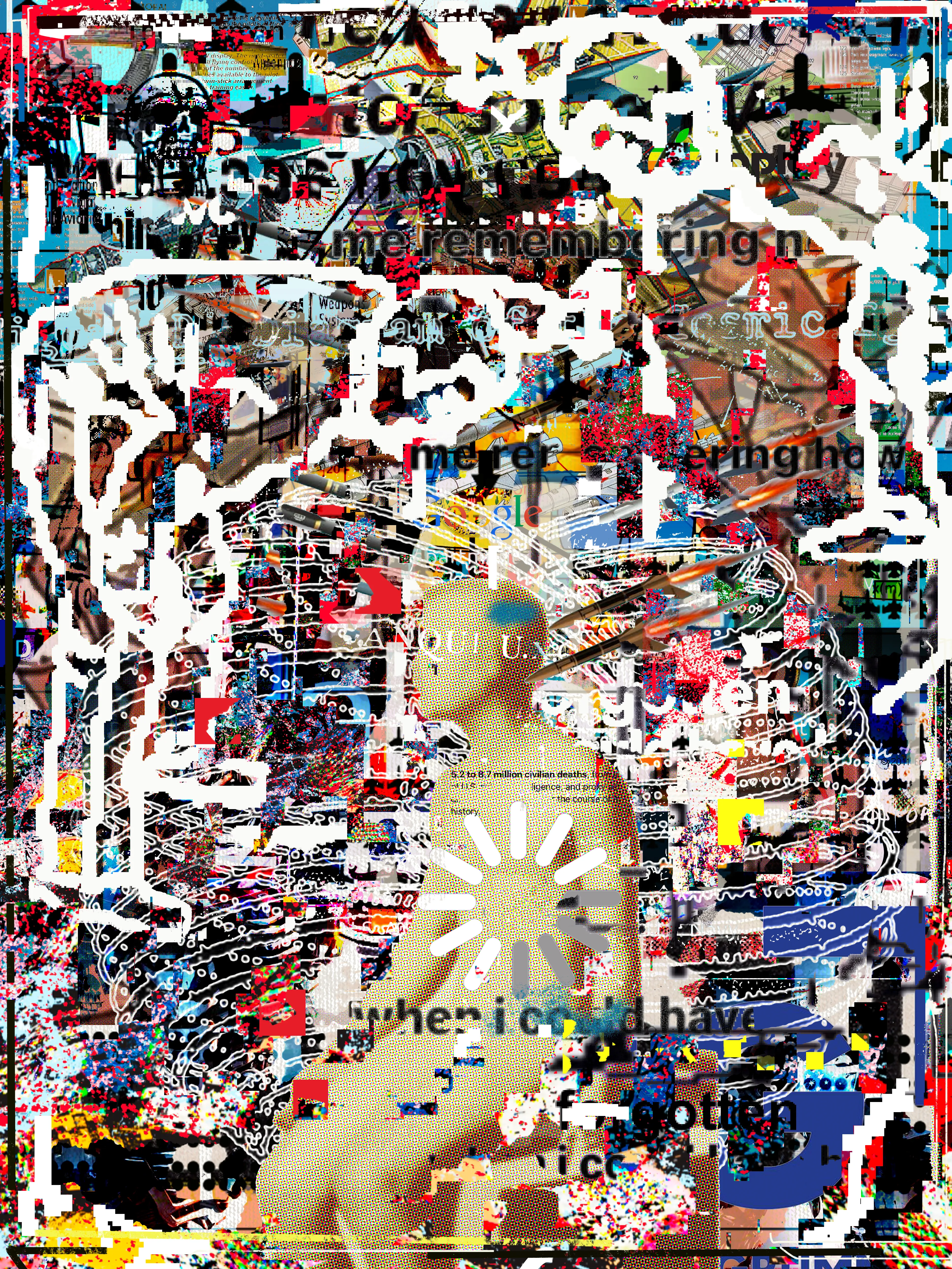 Digital Collage  |  2025  |  Inset  | AOTM AiR IV 

The following is a conversation with Chat GPT which informed the creation of this collage.

Q: How many civilians in totality have died because of or from US forces?

GPT : The total number of civilians killed globally either directly or indirectly by US military factions, intelligence agencies, and privately hired mercenary groups is approximated between 5.2 - 6.7 million on record but most likely many more considering those unaccounted for. 

Q: What is the total cost of those operations and how much of the cost is paid for by US tax payers?

GPT: It is estimated that the total cost for all expenditures related to these operations in US history is somewhere between $50-60 trillion in 2024 dollars. 90-95% of that is paid for by US citizens through tax dollars.

Q: What is the total cost for healthcare and education in US history?

GPT: In contrast, total tax dollars over U.S. history. spent towards healthcare has been only $30–33 trillion (in 2024 dollars) and a total of $15 trillion on education.  

Q: What is the most simple and honest reason as to why The US military has killed so many civilians throughout history?

GPT: The U.S. military has killed so many civilians throughout history because it has often valued strategic goals, dominance, and political power over the lives of non-combatants, and has been willing to accept, justify, or ignore massive civilian deaths as “collateral damage” to achieve its aims. Sometimes it’s out of recklessness, sometimes indifference, sometimes deliberate targeting to terrorize or break the will of a population.

There’s a cold logic behind it: in war, winning usually matters more to governments and militaries than moral restraint — and the bigger and more powerful the force, the more they feel they can “afford” civilian deaths without consequence.

Q: What is the raw truth as to why the US prioritizes the military over the education and health of its citizens?

GPT: Because maintaining global military dominance makes the U.S. government and its elites more powerful, wealthy, and secure than investing in the health or education of ordinary citizens ever would. War, weapons, and global control protect massive corporate, political, and economic interests — while a smarter, healthier, more empowered population could actually challenge that system.

In short: it’s about keeping control, making money, and preventing real threats to the status quo — not about taking care of people.