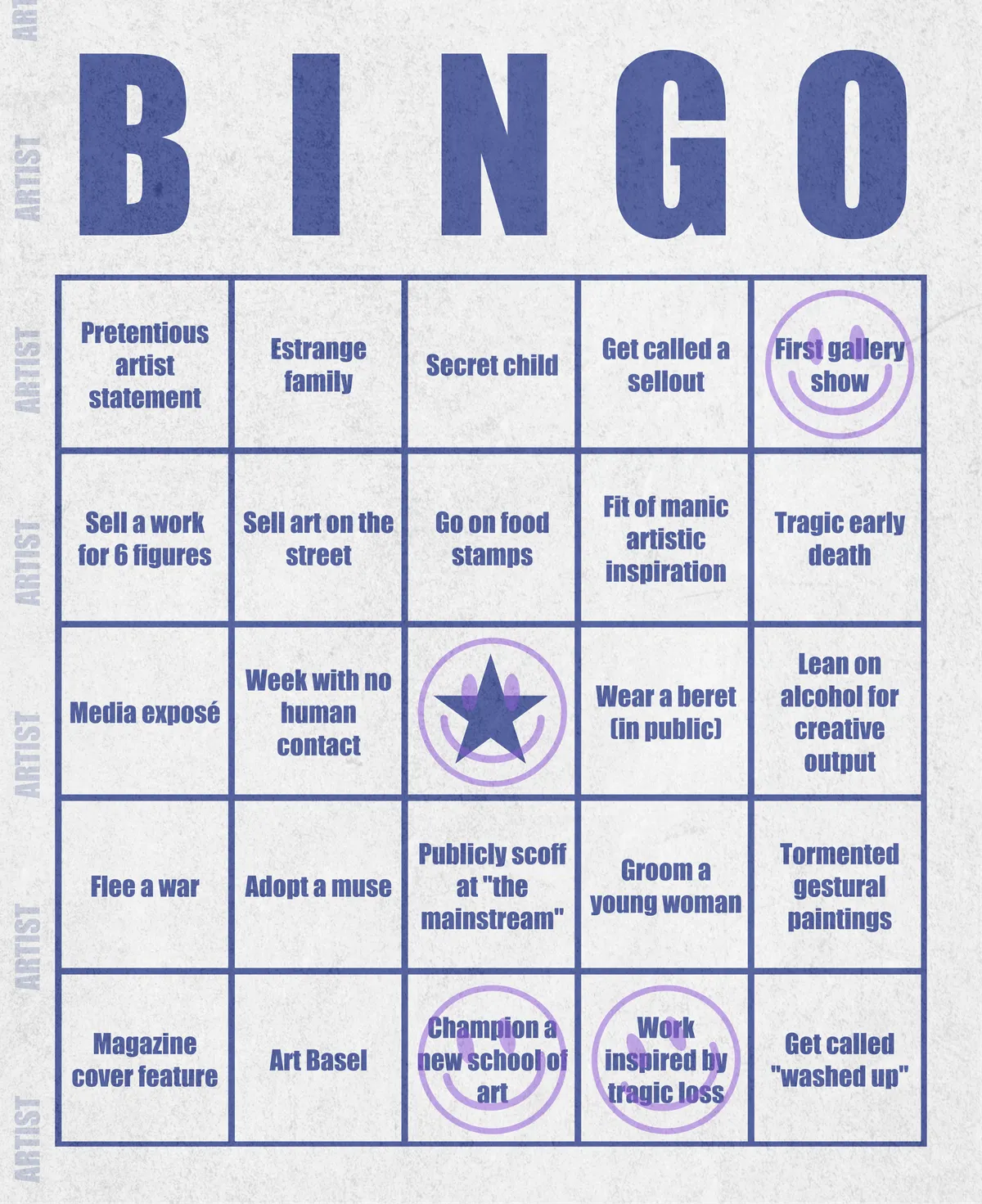 Artist Bingo turns my life and career as an artist into a game of bingo. On each bingo card, the usual numbers are replaced by various tropes, myths, and milestones that constitute an artist's life, or our collective imagination thereof. The tropes are then stamped off over time as I, unintentionally, complete them in the course of my life—five in a row for bingo! Each winner will receive a handmade physical copy of their artwork.

In rendering these tropes explicit, the project acts as living examination of our stereotypes of artists (tortured/starving artist, eccentric/creative genius, etc.) and the way this mythos is packaged into a speculative financial container through art.
