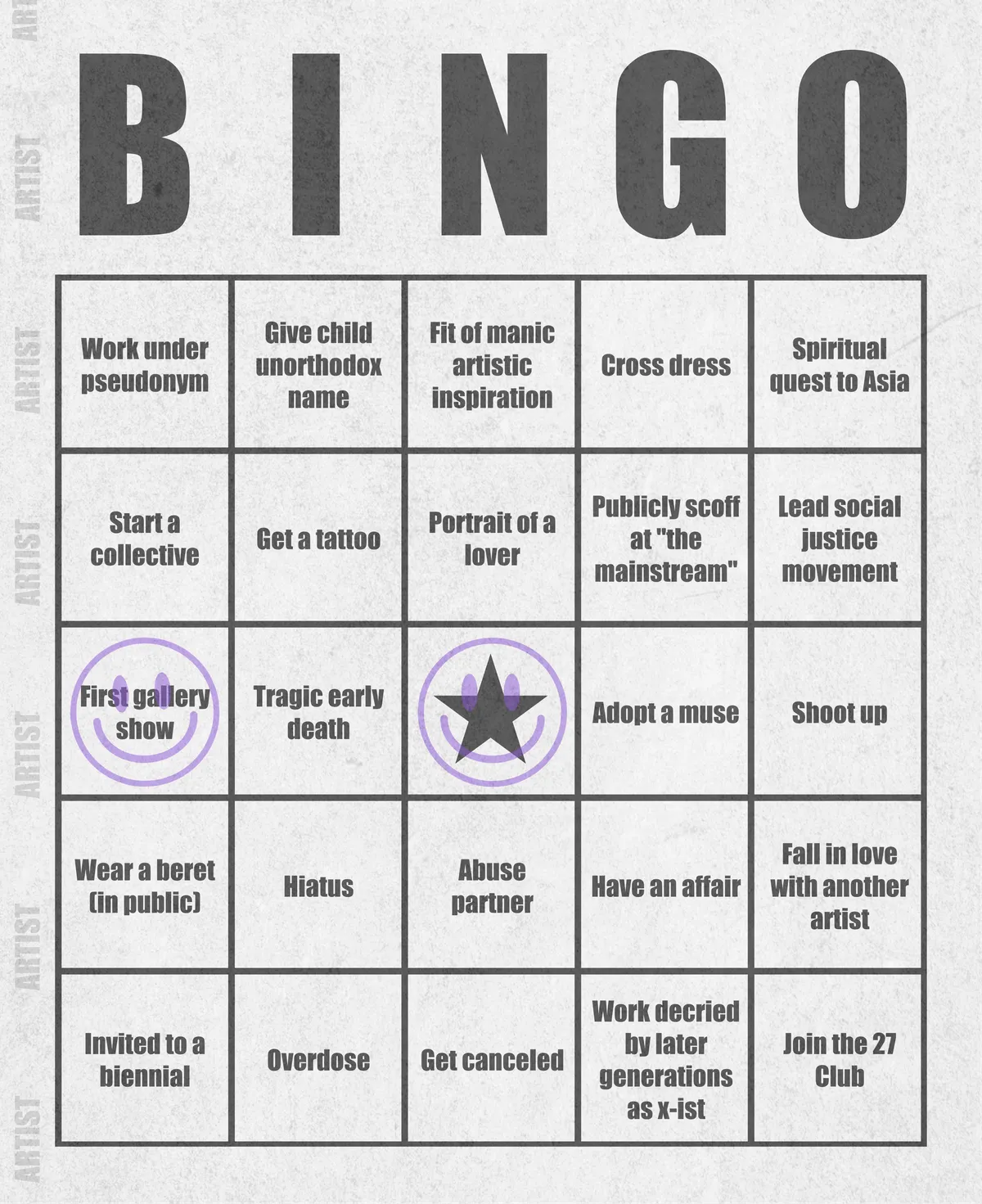 Artist Bingo turns my life and career as an artist into a game of bingo. On each bingo card, the usual numbers are replaced by various tropes, myths, and milestones that constitute an artist's life, or our collective imagination thereof. The tropes are then stamped off over time as I, unintentionally, complete them in the course of my life—five in a row for bingo! Each winner will receive a handmade physical copy of their artwork.

In rendering these tropes explicit, the project acts as living examination of our stereotypes of artists (tortured/starving artist, eccentric/creative genius, etc.) and the way this mythos is packaged into a speculative financial container through art.