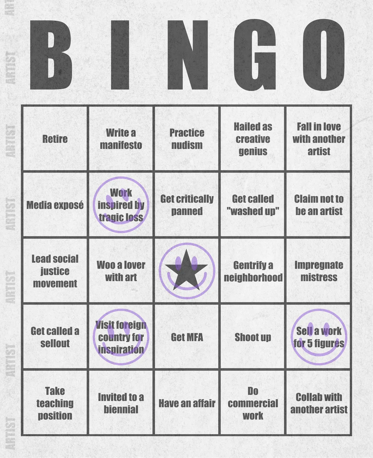 Artist Bingo turns my life and career as an artist into a game of bingo. On each bingo card, the usual numbers are replaced by various tropes, myths, and milestones that constitute an artist's life, or our collective imagination thereof. The tropes are then stamped off over time as I, unintentionally, complete them in the course of my life—five in a row for bingo! Each winner will receive a handmade physical copy of their artwork.

In rendering these tropes explicit, the project acts as living examination of our stereotypes of artists (tortured/starving artist, eccentric/creative genius, etc.) and the way this mythos is packaged into a speculative financial container through art.