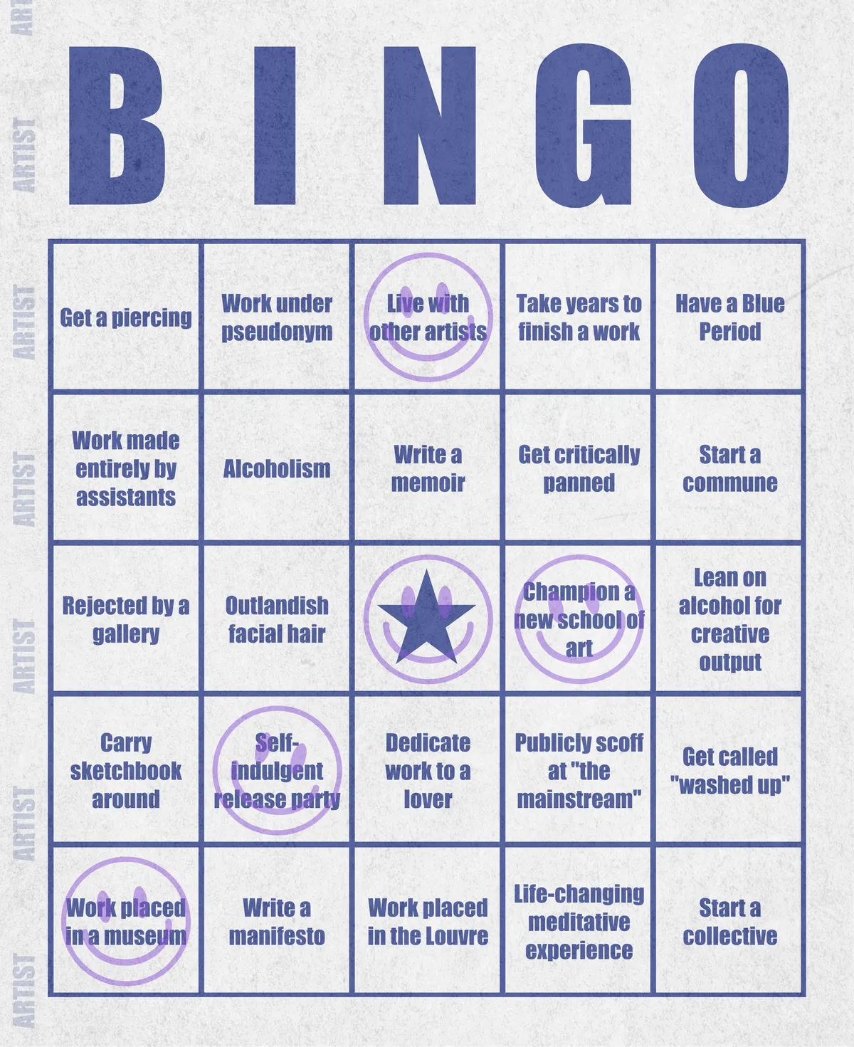 Artist Bingo turns my life and career as an artist into a game of bingo. On each bingo card, the usual numbers are replaced by various tropes, myths, and milestones that constitute an artist's life, or our collective imagination thereof. The tropes are then stamped off over time as I, unintentionally, complete them in the course of my life—five in a row for bingo! Each winner will receive a handmade physical copy of their artwork.

In rendering these tropes explicit, the project acts as living examination of our stereotypes of artists (tortured/starving artist, eccentric/creative genius, etc.) and the way this mythos is packaged into a speculative financial container through art.