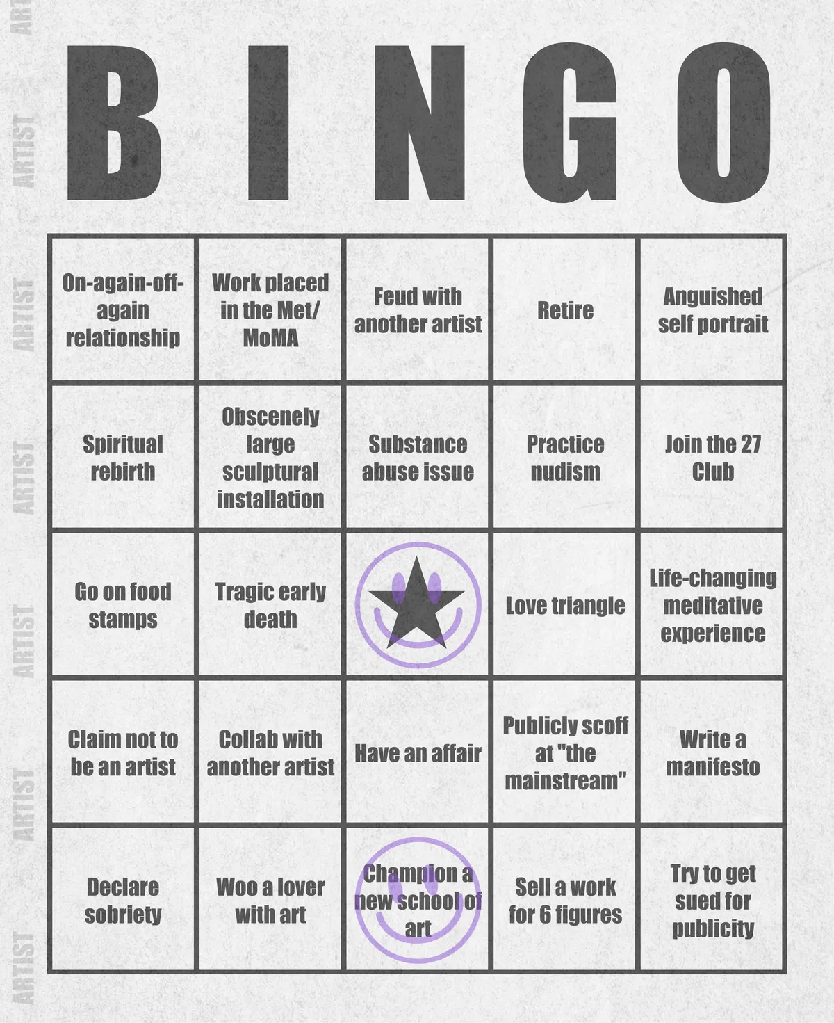 Artist Bingo turns my life and career as an artist into a game of bingo. On each bingo card, the usual numbers are replaced by various tropes, myths, and milestones that constitute an artist's life, or our collective imagination thereof. The tropes are then stamped off over time as I, unintentionally, complete them in the course of my life—five in a row for bingo! Each winner will receive a handmade physical copy of their artwork.

In rendering these tropes explicit, the project acts as living examination of our stereotypes of artists (tortured/starving artist, eccentric/creative genius, etc.) and the way this mythos is packaged into a speculative financial container through art.