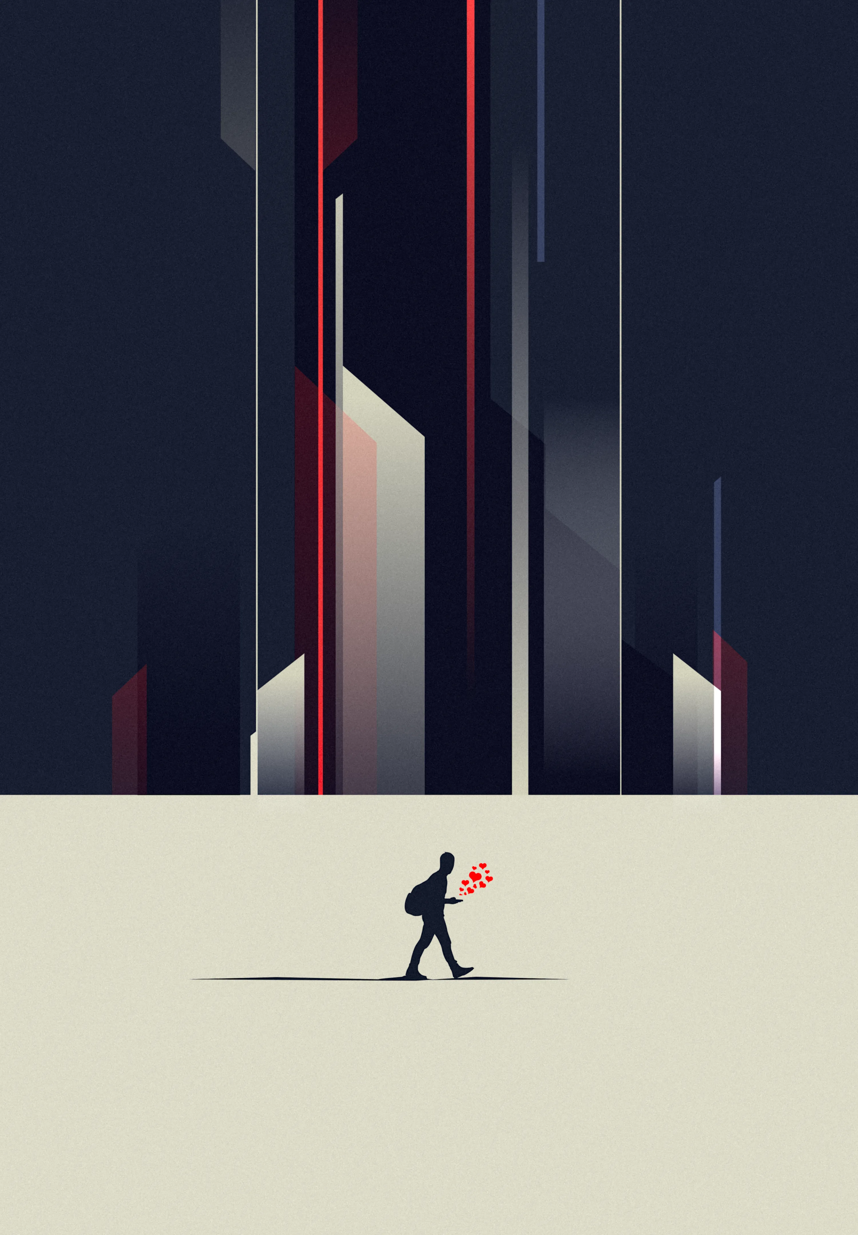 "Late Talks - Social Love" is a striking digital artwork that seamlessly melds elements of minimalism, modern abstract geometric art, and profound thematic depth. At its core, the piece captures the essence of contemporary human connection, particularly within the context of the digital age.

The artwork unfolds as a visual narrative, with a lone figure, a representation of a solitary boy, standing at the intersection of isolation and connection. His solitude is palpable, yet his digital environment, depicted through geometric abstractions, offers a lifeline to the elusive concept of "social love."

The geometric forms, with their clean lines and vibrant colors, mirror the structured yet complex nature of online interactions. They symbolize the intricacies of modern relationships formed and nurtured through the digital realm. The juxtaposition of minimalism and abstraction creates a captivating tension, illustrating the duality of our online existence—simplicity in interface design, contrasted by the profound complexity of human emotions.

"Late Talks - Social Love" serves as a poignant commentary on the evolving landscape of human relationships. It implores viewers to contemplate the significance of digital platforms in fostering connections, especially for newer generations. It prompts reflection on the transformative role of the internet in reshaping the very fabric of love and interpersonal bonds.

In essence, this artwork invites us to explore the interplay between isolation and connectivity, the convergence of art and technology, and the ever-evolving notion of "social love" in a world increasingly defined by the digital connections we form and cherish.