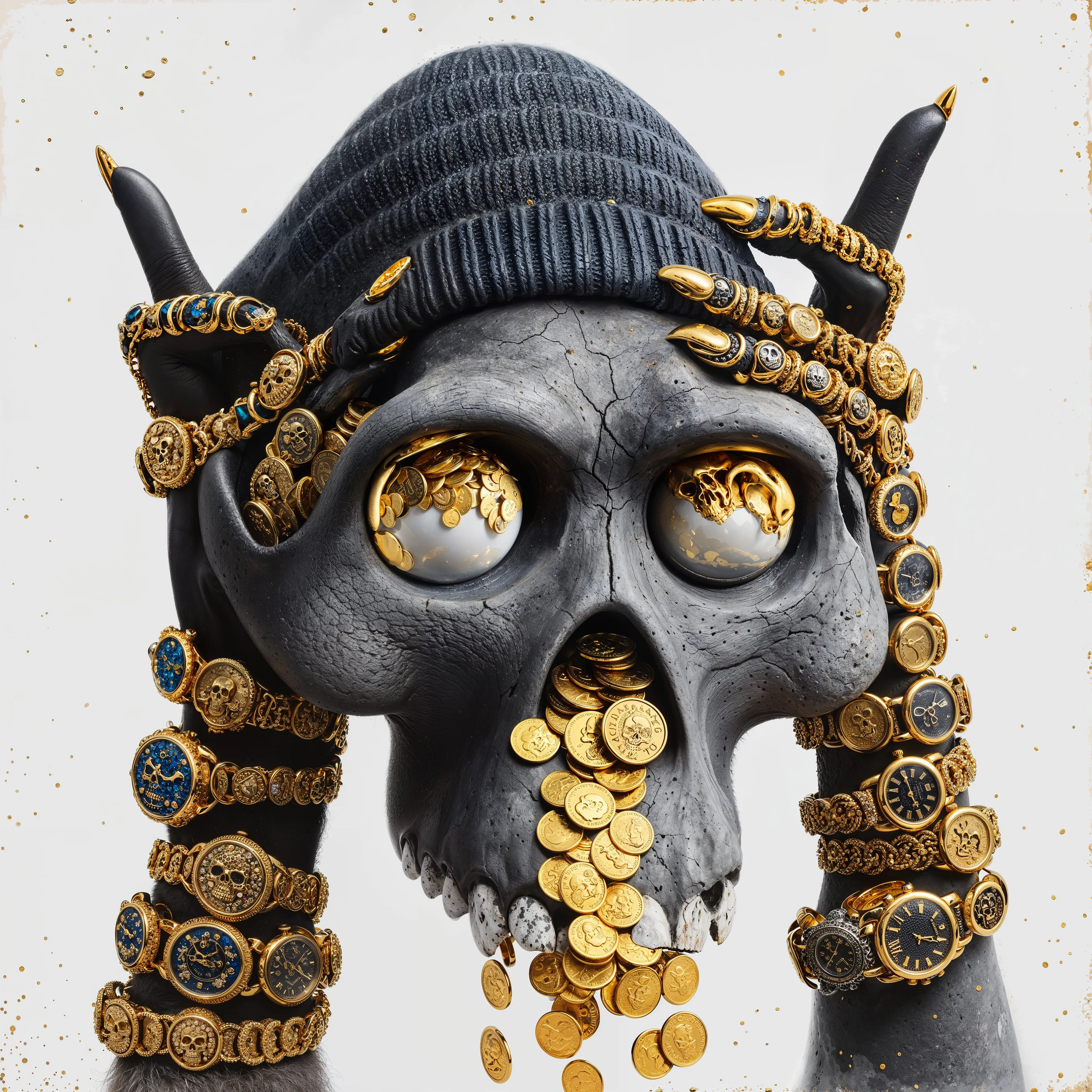 The skull rattles like a slot machine ready to payout. The hands could tell you the time in every timezone. 

This work is a derivative of Sam Spratt's Skulls of Luci, a derivative work based on Sam Spratt's artwork, but not created by or condoned by them.