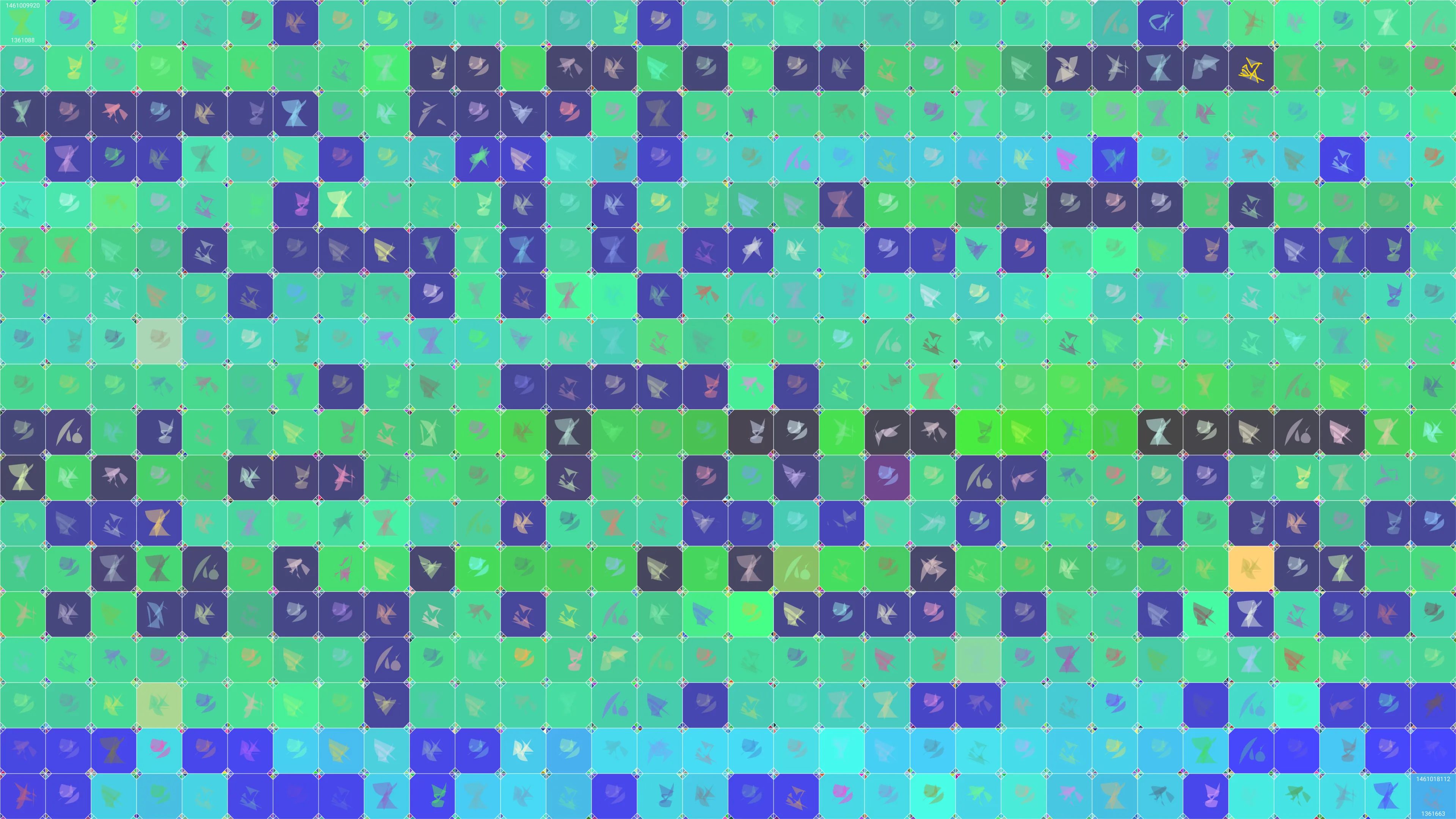 This is painting #2363. Its full digital image (7680x4320 pixels) can be downloaded free of charge by the token owner at https://www.cryptoarte.io/paintings/2363. The authenticity of this digital image can be independently verified by calculating its SHA256 and comparing it to the value returned when invoking tokenIdToHash(2363) on the CryptoArte Ethereum contract at 0xbace7e22f06554339911a03b8e0ae28203da9598 and converting it to hexadecimal. Additionally, the hexadecimal hash value can also be retrieved from the token's metadata. This painting represents block numbers 1361088 through 1361663, and the time period starting on 2016-04-18 20:05:20 UTC and ending on 2016-04-18 22:21:52 UTC.