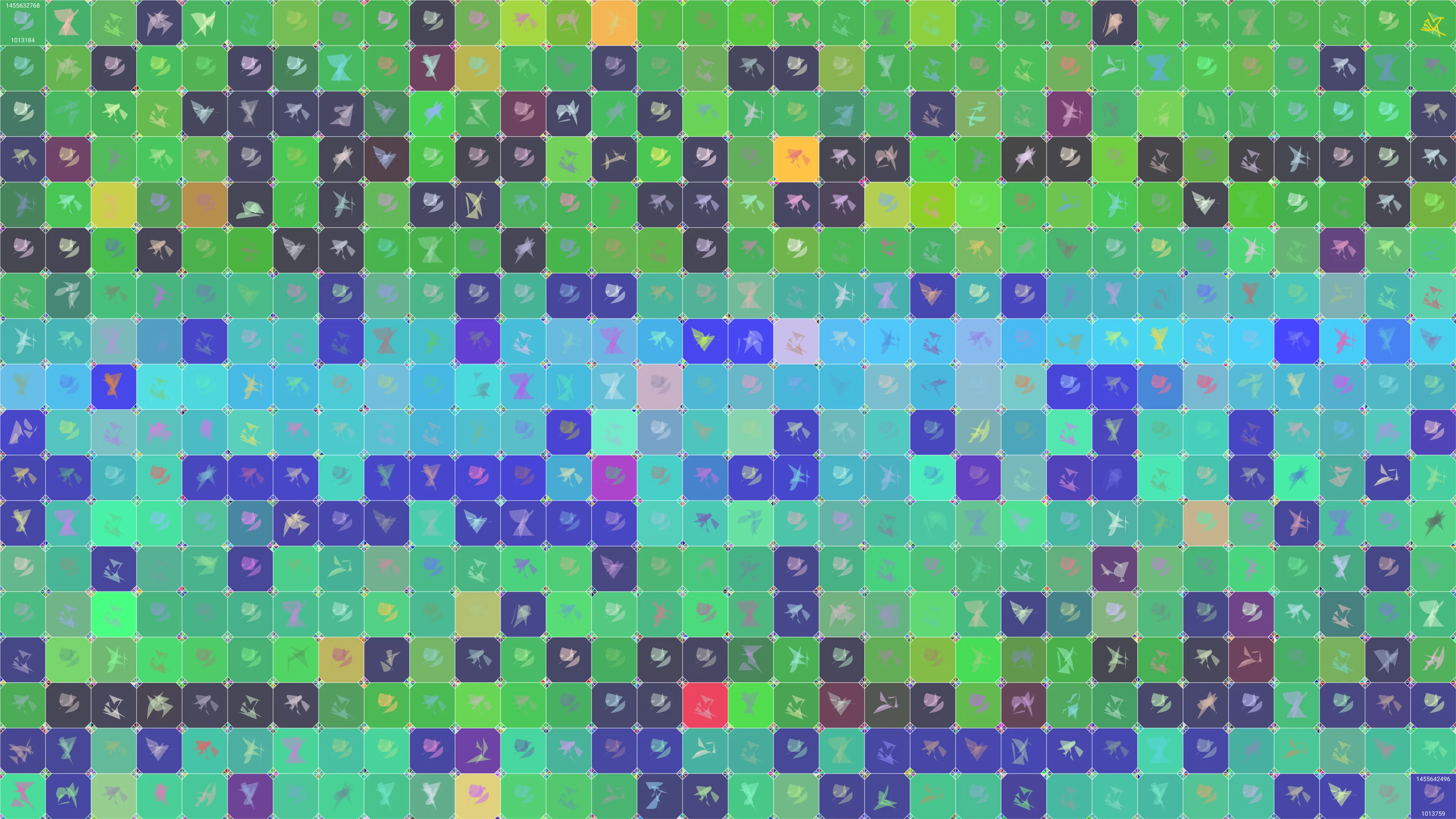 This is painting #1759. Its full digital image (7680x4320 pixels) can be downloaded free of charge by the token owner at https://www.cryptoarte.io/paintings/1759. The authenticity of this digital image can be independently verified by calculating its SHA256 and comparing it to the value returned when invoking tokenIdToHash(1759) on the CryptoArte Ethereum contract at 0xbace7e22f06554339911a03b8e0ae28203da9598 and converting it to hexadecimal. Additionally, the hexadecimal hash value can also be retrieved from the token's metadata. This painting represents block numbers 1013184 through 1013759, and the time period starting on 2016-02-16 14:26:08 UTC and ending on 2016-02-16 17:08:16 UTC.