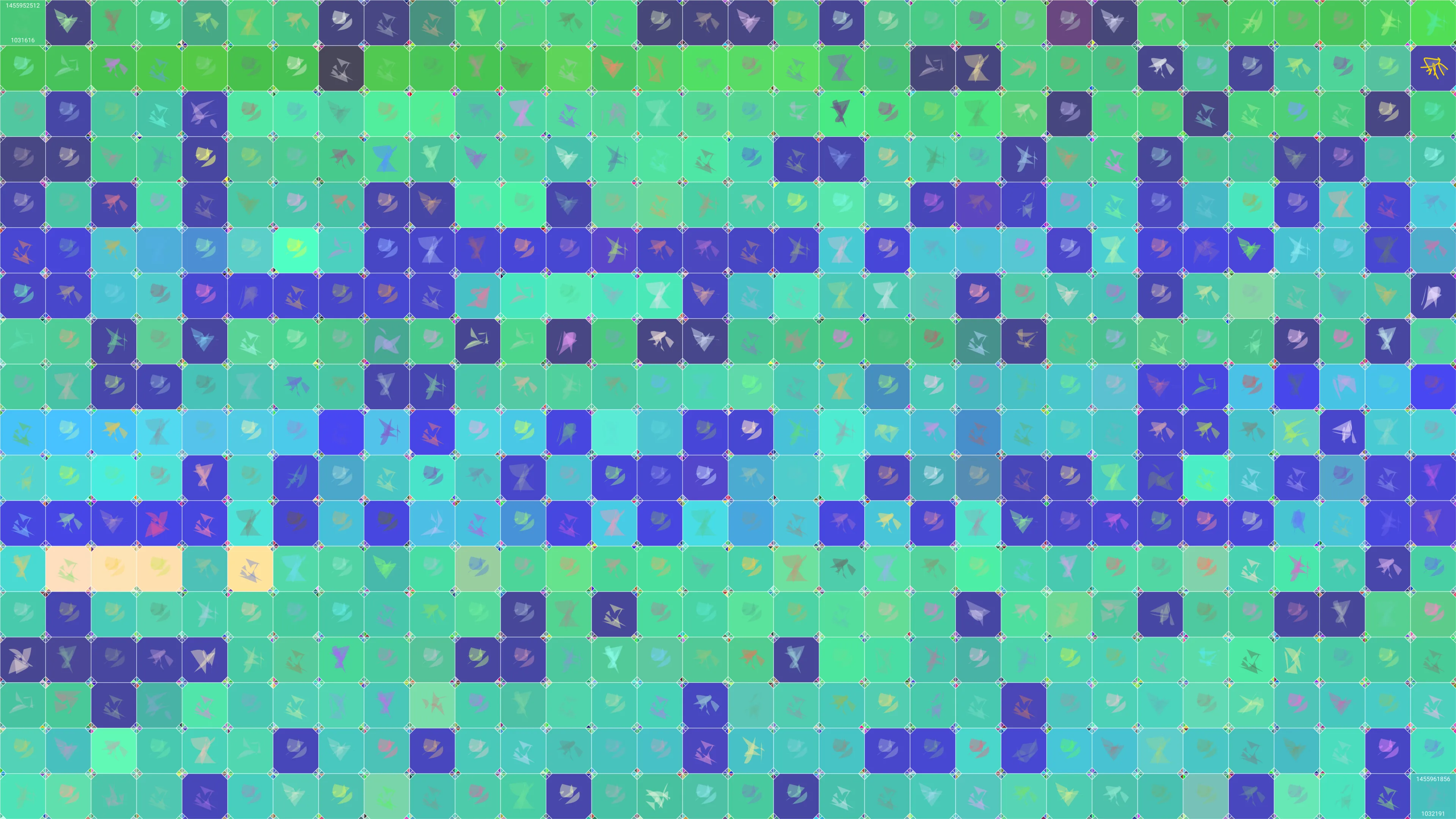 This is painting #1791. Its full digital image (7680x4320 pixels) can be downloaded free of charge by the token owner at https://www.cryptoarte.io/paintings/1791. The authenticity of this digital image can be independently verified by calculating its SHA256 and comparing it to the value returned when invoking tokenIdToHash(1791) on the CryptoArte Ethereum contract at 0xbace7e22f06554339911a03b8e0ae28203da9598 and converting it to hexadecimal. Additionally, the hexadecimal hash value can also be retrieved from the token's metadata. This painting represents block numbers 1031616 through 1032191, and the time period starting on 2016-02-20 07:15:12 UTC and ending on 2016-02-20 09:50:56 UTC.