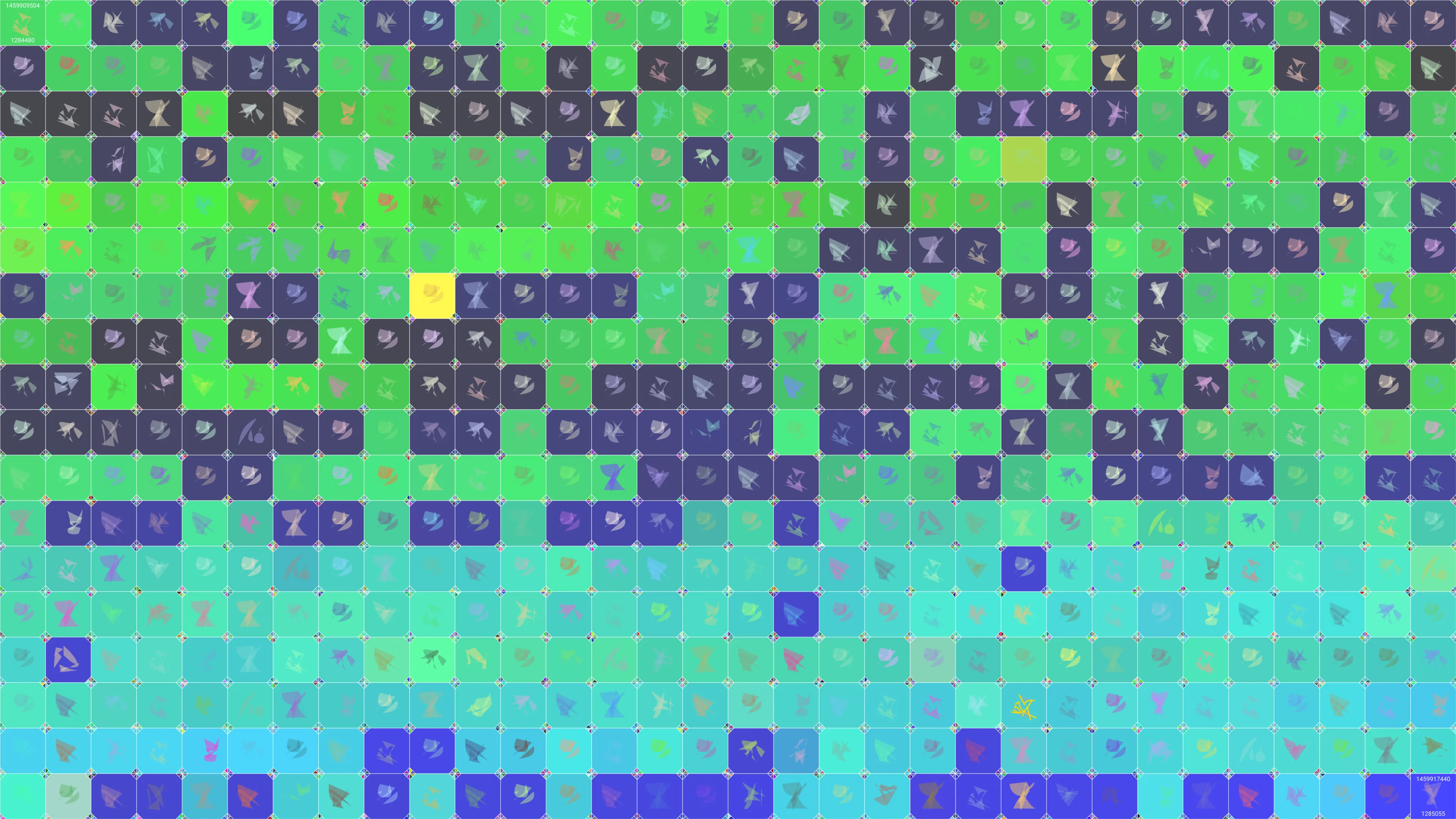 This is painting #2230. Its full digital image (7680x4320 pixels) can be downloaded free of charge by the token owner at https://www.cryptoarte.io/paintings/2230. The authenticity of this digital image can be independently verified by calculating its SHA256 and comparing it to the value returned when invoking tokenIdToHash(2230) on the CryptoArte Ethereum contract at 0xbace7e22f06554339911a03b8e0ae28203da9598 and converting it to hexadecimal. Additionally, the hexadecimal hash value can also be retrieved from the token's metadata. This painting represents block numbers 1284480 through 1285055, and the time period starting on 2016-04-06 02:25:04 UTC and ending on 2016-04-06 04:37:20 UTC.