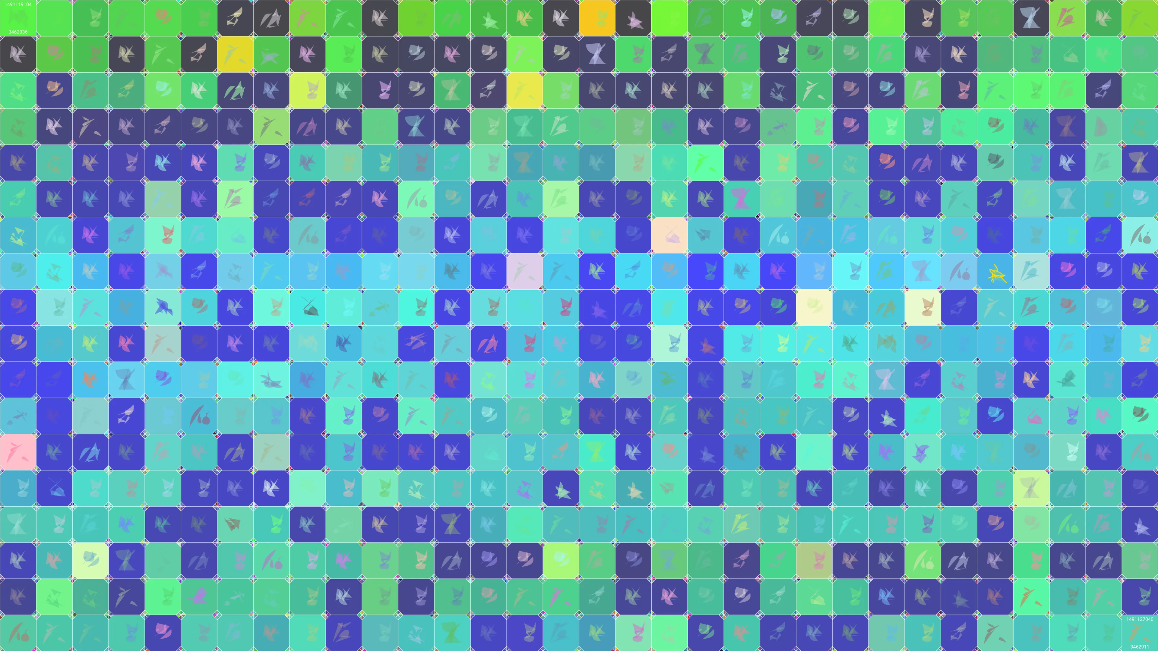 This is painting #6011. Its full digital image (7680x4320 pixels) can be downloaded free of charge by the token owner at https://www.cryptoarte.io/paintings/6011. The authenticity of this digital image can be independently verified by calculating its SHA256 and comparing it to the value returned when invoking tokenIdToHash(6011) on the CryptoArte Ethereum contract at 0xbace7e22f06554339911a03b8e0ae28203da9598 and converting it to hexadecimal. Additionally, the hexadecimal hash value can also be retrieved from the token's metadata. This painting represents block numbers 3462336 through 3462911, and the time period starting on 2017-04-02 07:45:04 UTC and ending on 2017-04-02 09:57:20 UTC.