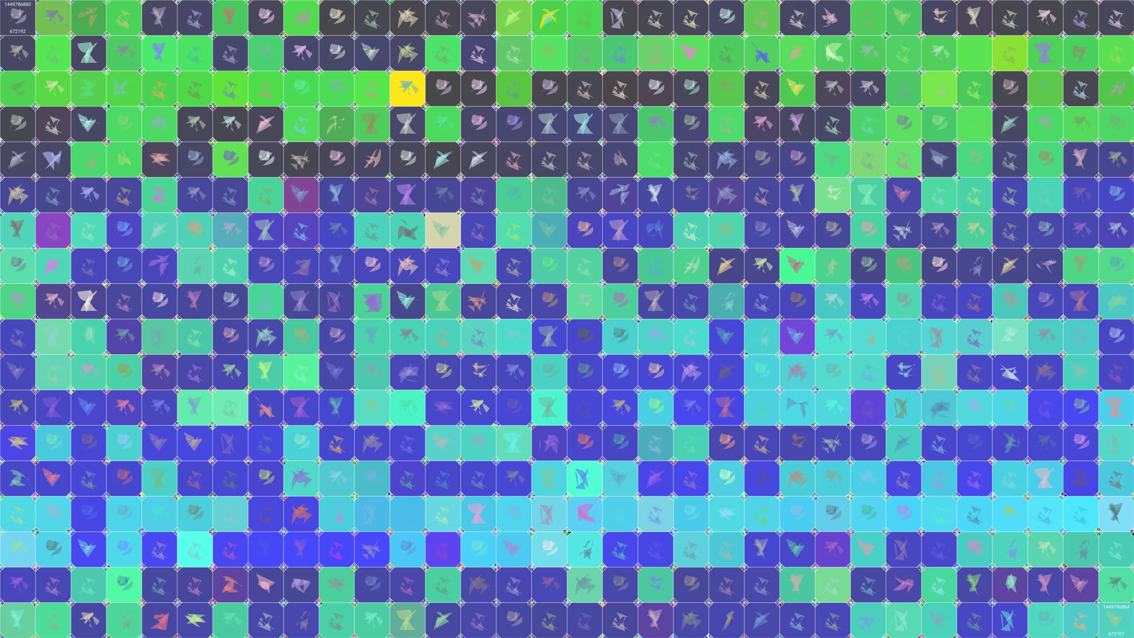 This is painting #1167. Its full digital image (7680x4320 pixels) can be downloaded free of charge by the token owner at https://www.cryptoarte.io/paintings/1167. The authenticity of this digital image can be independently verified by calculating its SHA256 and comparing it to the value returned when invoking tokenIdToHash(1167) on the CryptoArte Ethereum contract at 0xbace7e22f06554339911a03b8e0ae28203da9598 and converting it to hexadecimal. Additionally, the hexadecimal hash value can also be retrieved from the token's metadata. This painting represents block numbers 672192 through 672767, and the time period starting on 2015-12-10 22:34:40 UTC and ending on 2015-12-11 01:21:04 UTC.