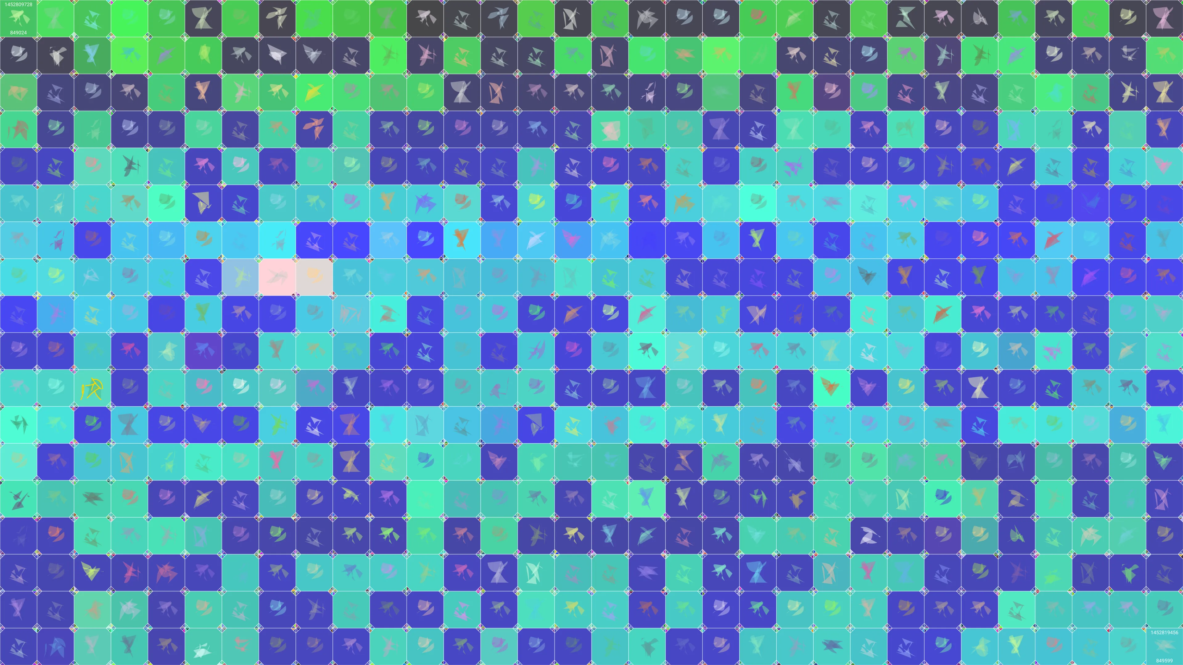 This is painting #1474. Its full digital image (7680x4320 pixels) can be downloaded free of charge by the token owner at https://www.cryptoarte.io/paintings/1474. The authenticity of this digital image can be independently verified by calculating its SHA256 and comparing it to the value returned when invoking tokenIdToHash(1474) on the CryptoArte Ethereum contract at 0xbace7e22f06554339911a03b8e0ae28203da9598 and converting it to hexadecimal. Additionally, the hexadecimal hash value can also be retrieved from the token's metadata. This painting represents block numbers 849024 through 849599, and the time period starting on 2016-01-14 22:15:28 UTC and ending on 2016-01-15 00:57:36 UTC.