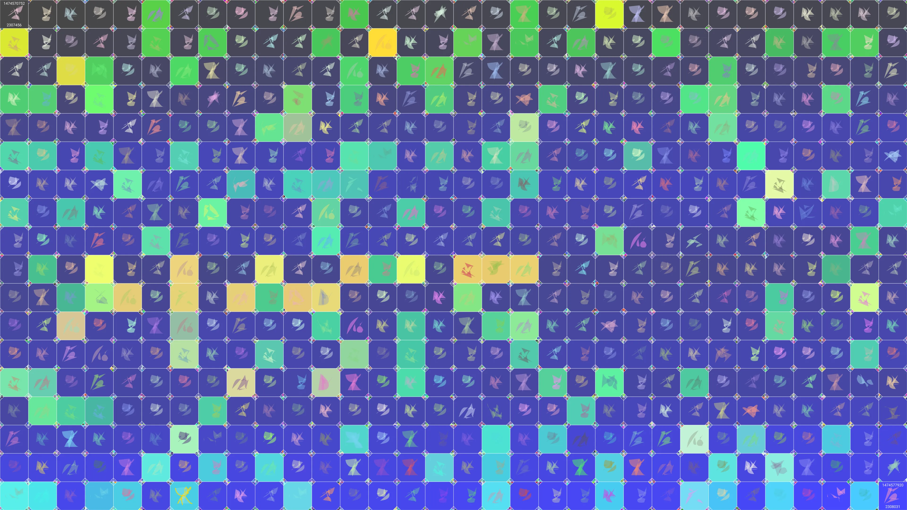 This is painting #4006. Its full digital image (7680x4320 pixels) can be downloaded free of charge by the token owner at https://www.cryptoarte.io/paintings/4006. The authenticity of this digital image can be independently verified by calculating its SHA256 and comparing it to the value returned when invoking tokenIdToHash(4006) on the CryptoArte Ethereum contract at 0xbace7e22f06554339911a03b8e0ae28203da9598 and converting it to hexadecimal. Additionally, the hexadecimal hash value can also be retrieved from the token's metadata. This painting represents block numbers 2307456 through 2308031, and the time period starting on 2016-09-22 18:59:12 UTC and ending on 2016-09-22 20:58:40 UTC.