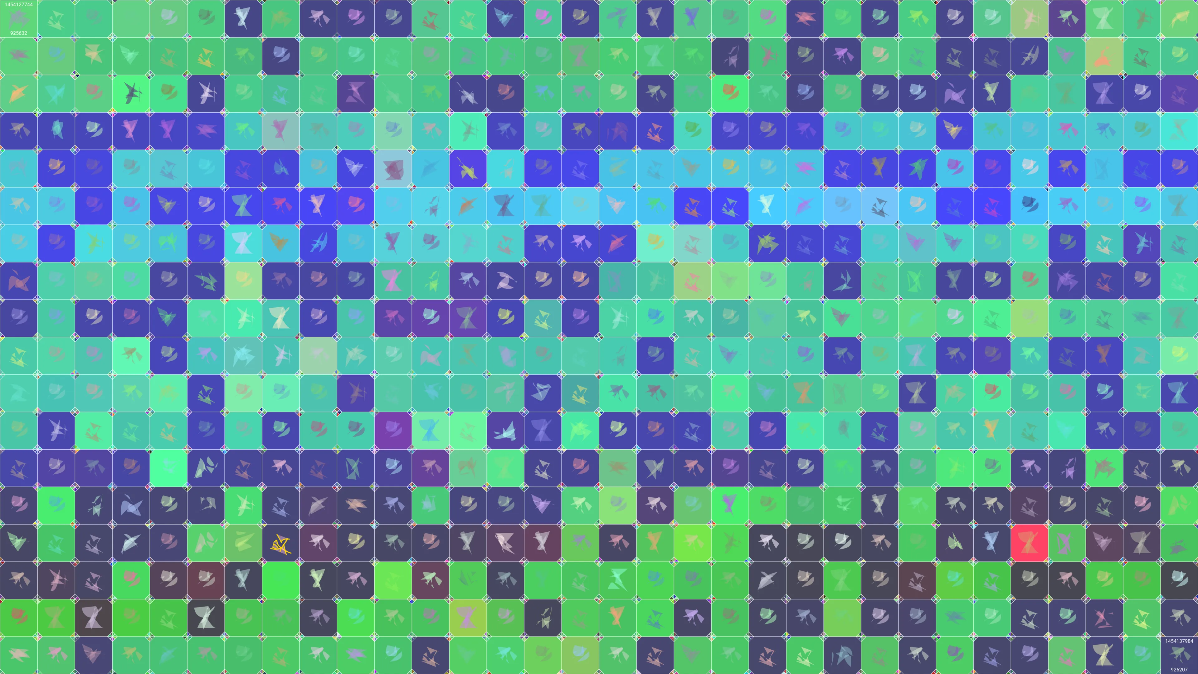 This is painting #1607. Its full digital image (7680x4320 pixels) can be downloaded free of charge by the token owner at https://www.cryptoarte.io/paintings/1607. The authenticity of this digital image can be independently verified by calculating its SHA256 and comparing it to the value returned when invoking tokenIdToHash(1607) on the CryptoArte Ethereum contract at 0xbace7e22f06554339911a03b8e0ae28203da9598 and converting it to hexadecimal. Additionally, the hexadecimal hash value can also be retrieved from the token's metadata. This painting represents block numbers 925632 through 926207, and the time period starting on 2016-01-30 04:22:24 UTC and ending on 2016-01-30 07:13:04 UTC.