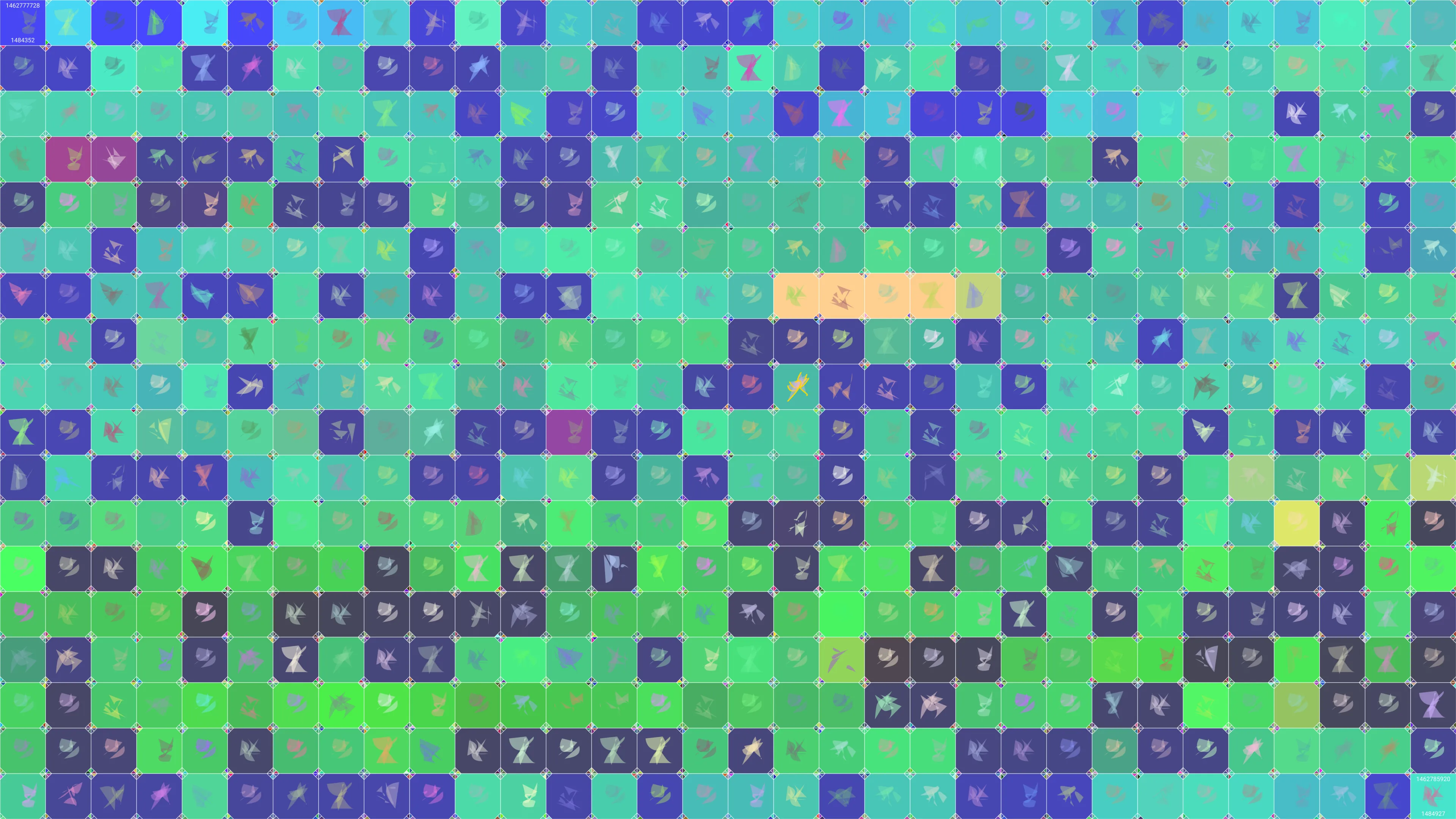 This is painting #2577. Its full digital image (7680x4320 pixels) can be downloaded free of charge by the token owner at https://www.cryptoarte.io/paintings/2577. The authenticity of this digital image can be independently verified by calculating its SHA256 and comparing it to the value returned when invoking tokenIdToHash(2577) on the CryptoArte Ethereum contract at 0xbace7e22f06554339911a03b8e0ae28203da9598 and converting it to hexadecimal. Additionally, the hexadecimal hash value can also be retrieved from the token's metadata. This painting represents block numbers 1484352 through 1484927, and the time period starting on 2016-05-09 07:08:48 UTC and ending on 2016-05-09 09:25:20 UTC.