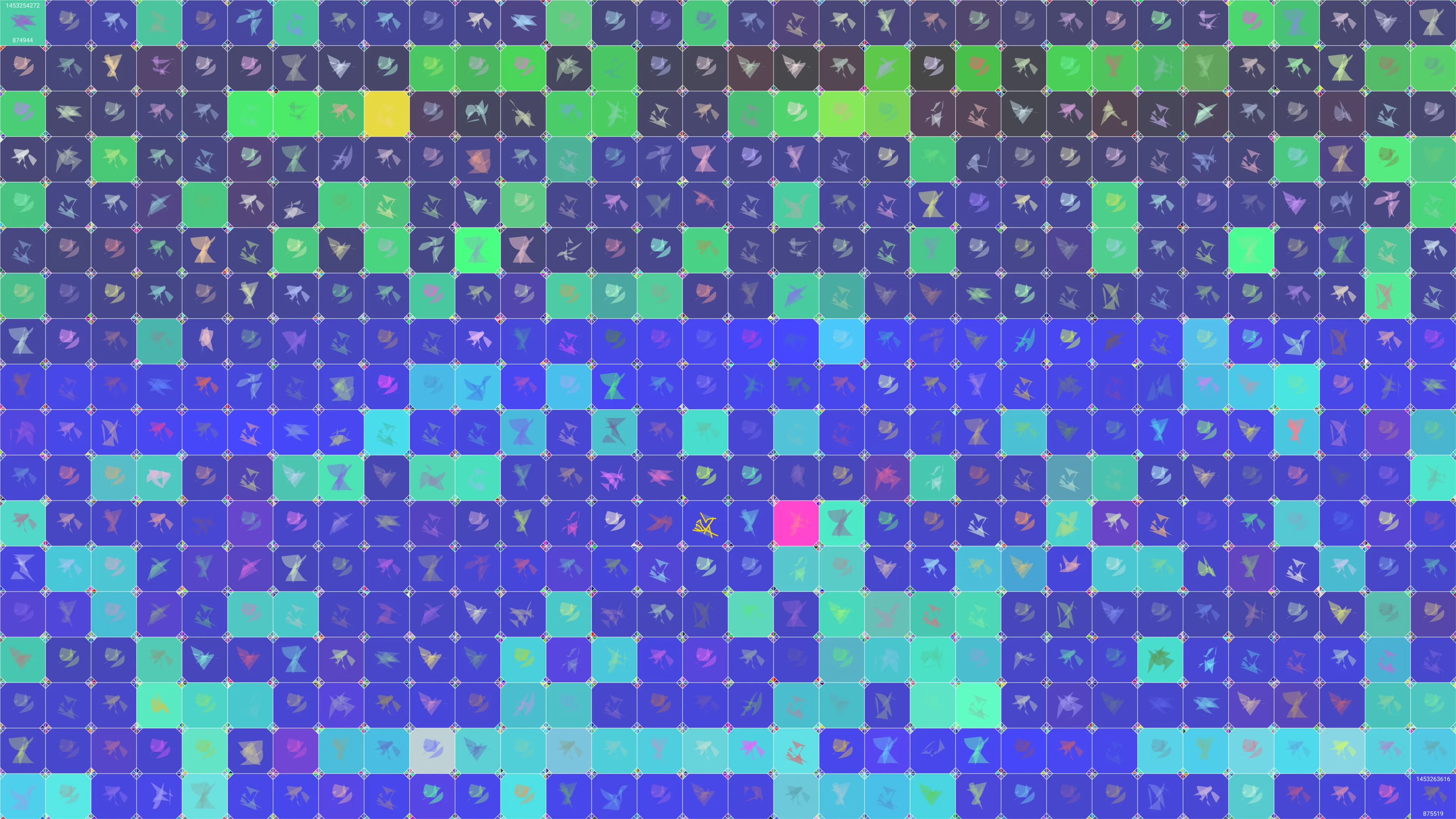 This is painting #1519. Its full digital image (7680x4320 pixels) can be downloaded free of charge by the token owner at https://www.cryptoarte.io/paintings/1519. The authenticity of this digital image can be independently verified by calculating its SHA256 and comparing it to the value returned when invoking tokenIdToHash(1519) on the CryptoArte Ethereum contract at 0xbace7e22f06554339911a03b8e0ae28203da9598 and converting it to hexadecimal. Additionally, the hexadecimal hash value can also be retrieved from the token's metadata. This painting represents block numbers 874944 through 875519, and the time period starting on 2016-01-20 01:44:32 UTC and ending on 2016-01-20 04:20:16 UTC.