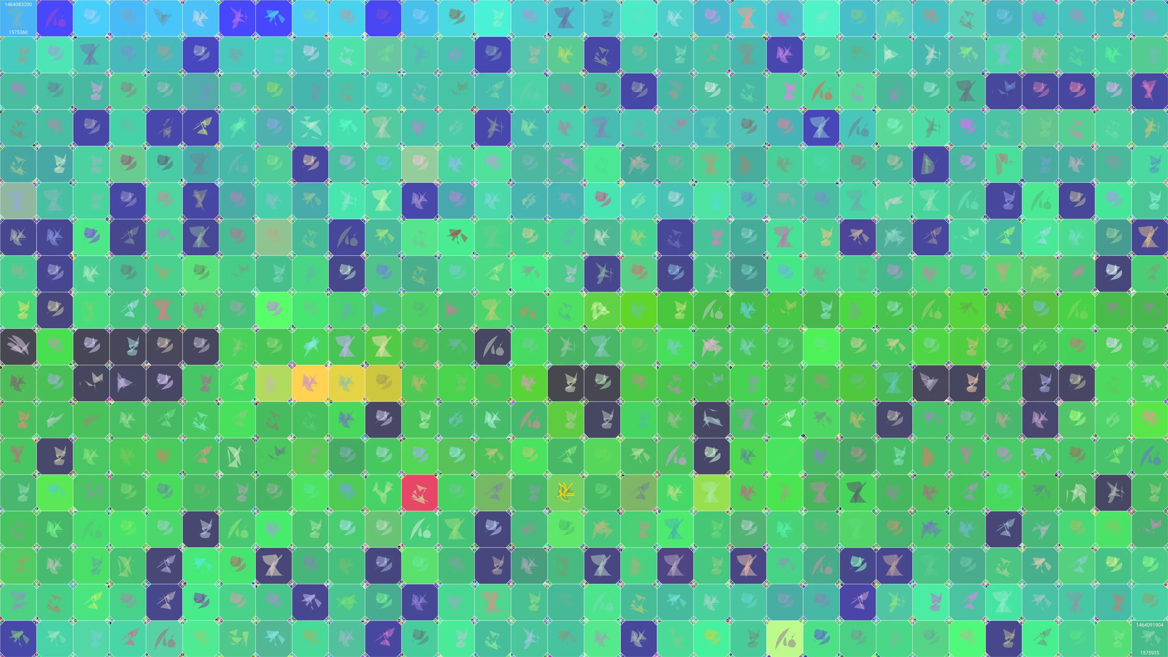 This is painting #2735. Its full digital image (7680x4320 pixels) can be downloaded free of charge by the token owner at https://www.cryptoarte.io/paintings/2735. The authenticity of this digital image can be independently verified by calculating its SHA256 and comparing it to the value returned when invoking tokenIdToHash(2735) on the CryptoArte Ethereum contract at 0xbace7e22f06554339911a03b8e0ae28203da9598 and converting it to hexadecimal. Additionally, the hexadecimal hash value can also be retrieved from the token's metadata. This painting represents block numbers 1575360 through 1575935, and the time period starting on 2016-05-24 09:46:40 UTC and ending on 2016-05-24 12:11:44 UTC.