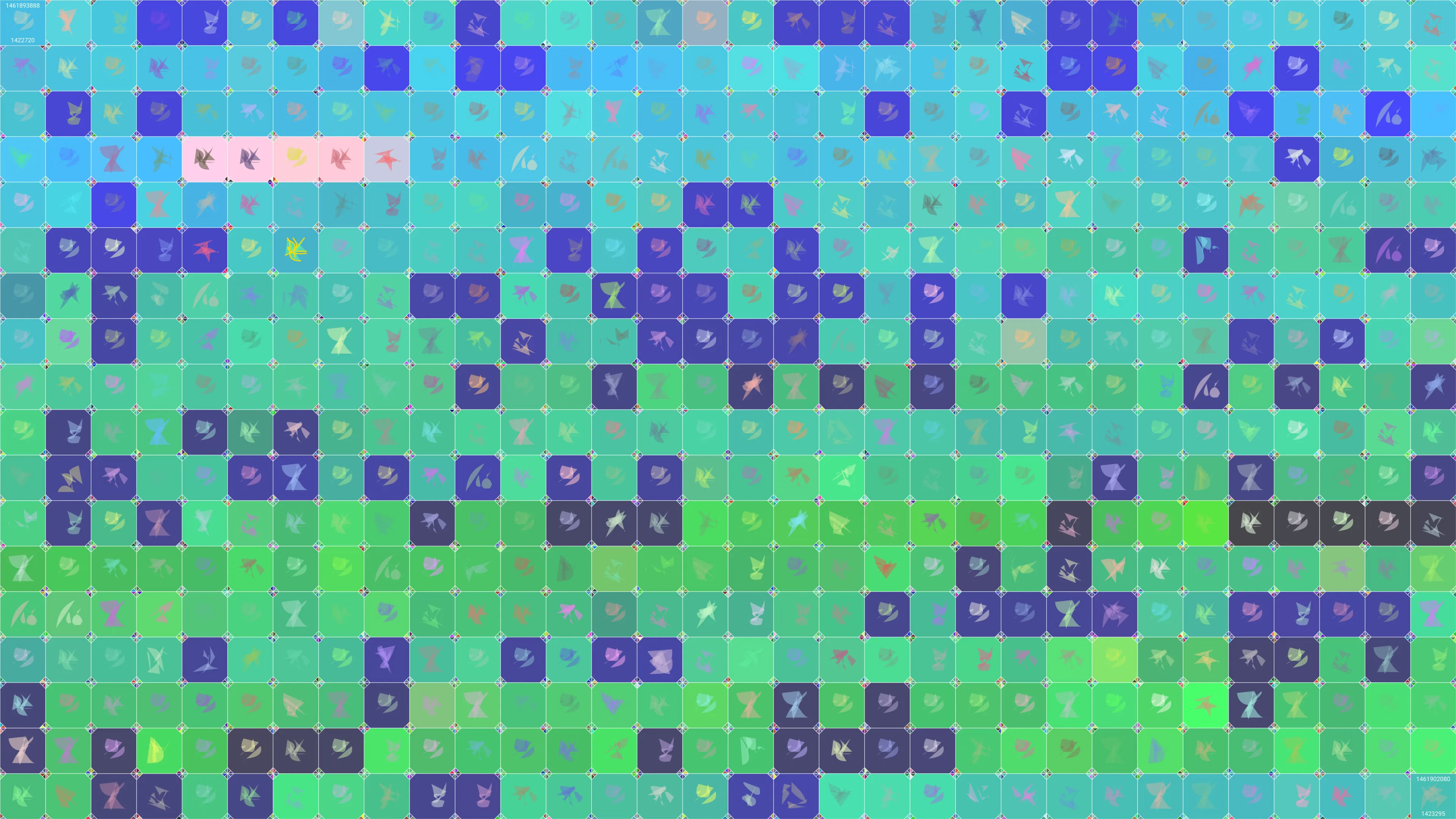 This is painting #2470. Its full digital image (7680x4320 pixels) can be downloaded free of charge by the token owner at https://www.cryptoarte.io/paintings/2470. The authenticity of this digital image can be independently verified by calculating its SHA256 and comparing it to the value returned when invoking tokenIdToHash(2470) on the CryptoArte Ethereum contract at 0xbace7e22f06554339911a03b8e0ae28203da9598 and converting it to hexadecimal. Additionally, the hexadecimal hash value can also be retrieved from the token's metadata. This painting represents block numbers 1422720 through 1423295, and the time period starting on 2016-04-29 01:38:08 UTC and ending on 2016-04-29 03:54:40 UTC.