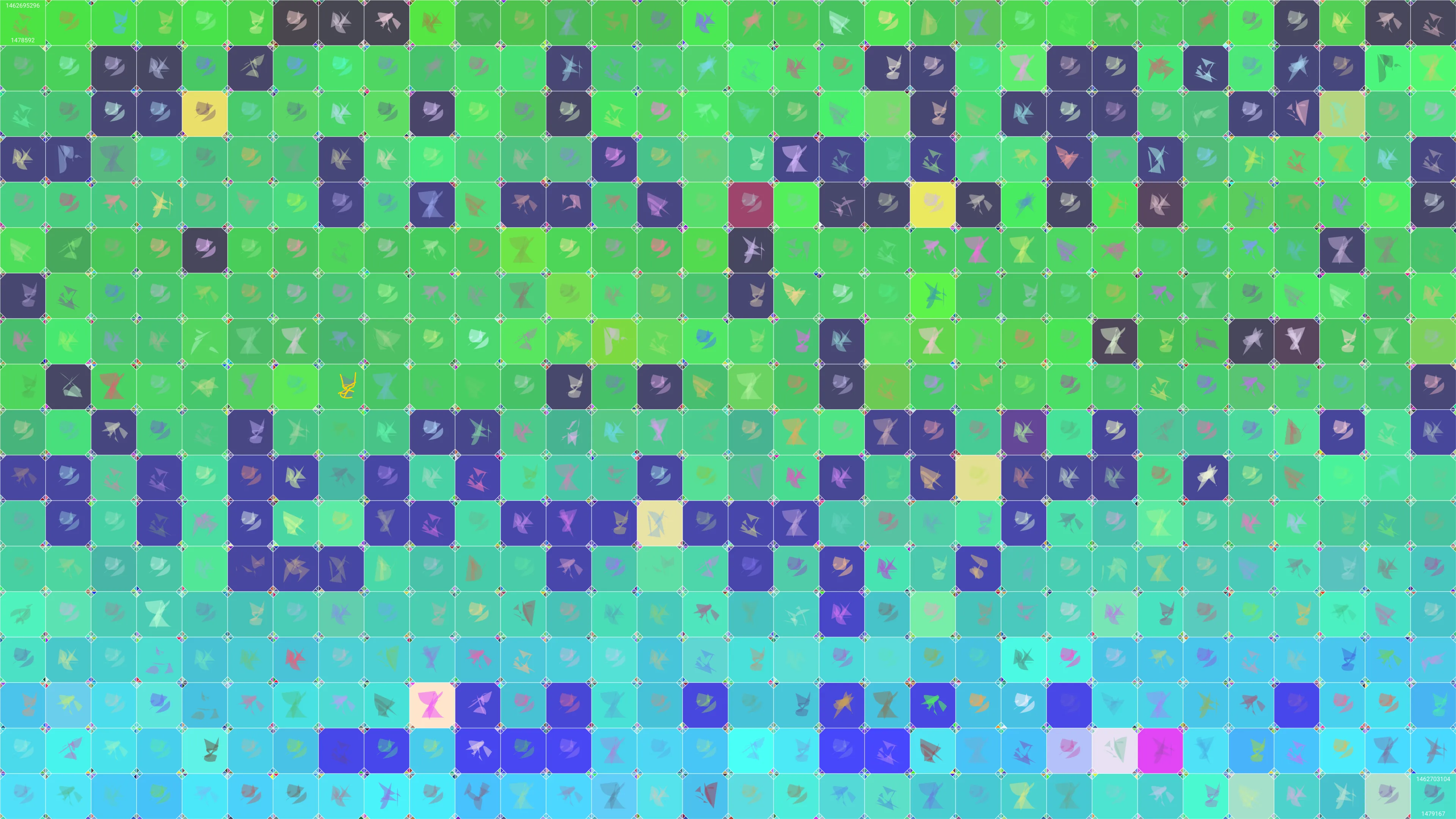 This is painting #2567. Its full digital image (7680x4320 pixels) can be downloaded free of charge by the token owner at https://www.cryptoarte.io/paintings/2567. The authenticity of this digital image can be independently verified by calculating its SHA256 and comparing it to the value returned when invoking tokenIdToHash(2567) on the CryptoArte Ethereum contract at 0xbace7e22f06554339911a03b8e0ae28203da9598 and converting it to hexadecimal. Additionally, the hexadecimal hash value can also be retrieved from the token's metadata. This painting represents block numbers 1478592 through 1479167, and the time period starting on 2016-05-08 08:14:56 UTC and ending on 2016-05-08 10:25:04 UTC.