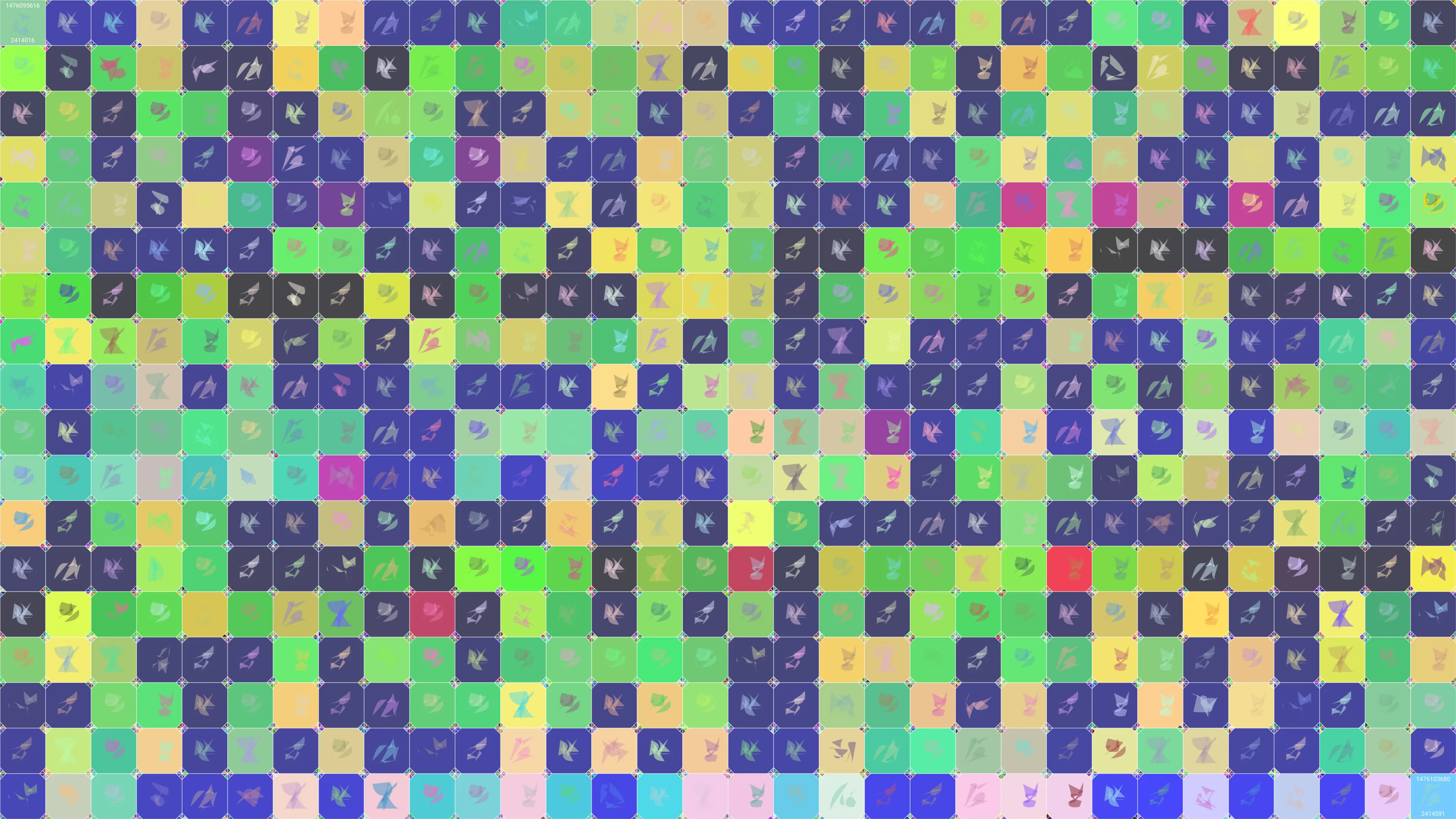 This is painting #4191. Its full digital image (7680x4320 pixels) can be downloaded free of charge by the token owner at https://www.cryptoarte.io/paintings/4191. The authenticity of this digital image can be independently verified by calculating its SHA256 and comparing it to the value returned when invoking tokenIdToHash(4191) on the CryptoArte Ethereum contract at 0xbace7e22f06554339911a03b8e0ae28203da9598 and converting it to hexadecimal. Additionally, the hexadecimal hash value can also be retrieved from the token's metadata. This painting represents block numbers 2414016 through 2414591, and the time period starting on 2016-10-10 10:33:36 UTC and ending on 2016-10-10 12:48:00 UTC.