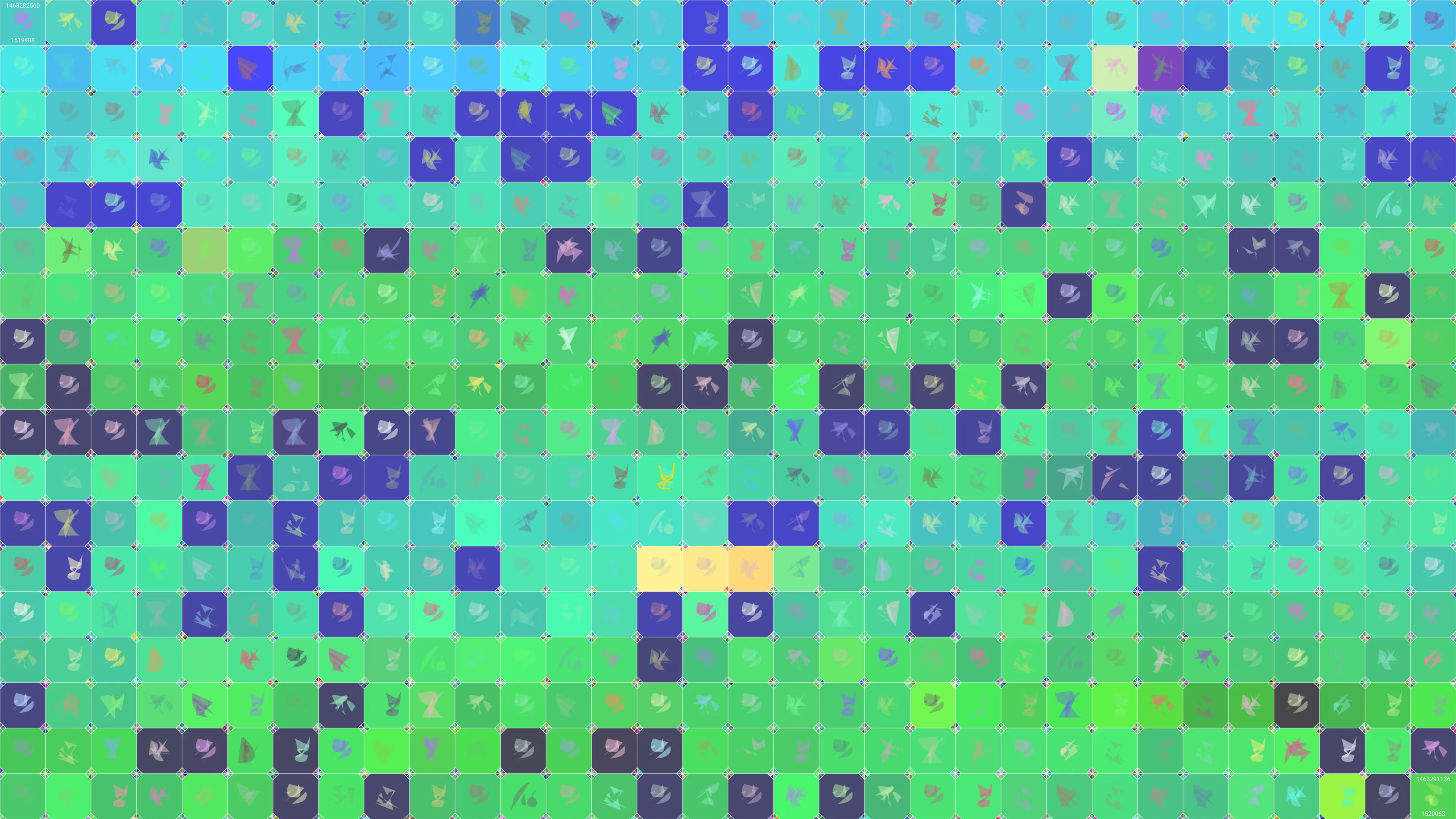 This is painting #2638. Its full digital image (7680x4320 pixels) can be downloaded free of charge by the token owner at https://www.cryptoarte.io/paintings/2638. The authenticity of this digital image can be independently verified by calculating its SHA256 and comparing it to the value returned when invoking tokenIdToHash(2638) on the CryptoArte Ethereum contract at 0xbace7e22f06554339911a03b8e0ae28203da9598 and converting it to hexadecimal. Additionally, the hexadecimal hash value can also be retrieved from the token's metadata. This painting represents block numbers 1519488 through 1520063, and the time period starting on 2016-05-15 03:22:40 UTC and ending on 2016-05-15 05:45:36 UTC.