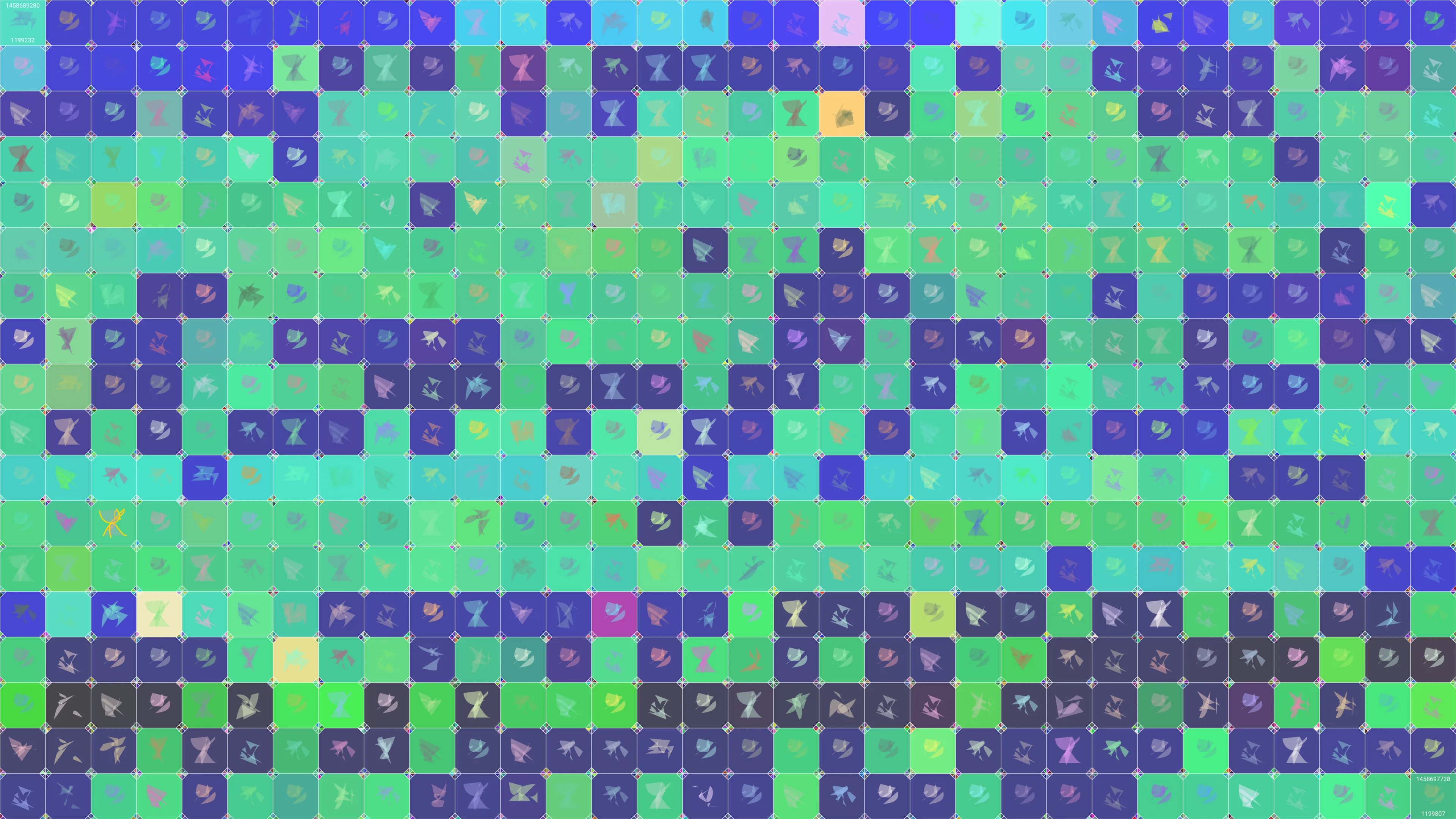 This is painting #2082. Its full digital image (7680x4320 pixels) can be downloaded free of charge by the token owner at https://www.cryptoarte.io/paintings/2082. The authenticity of this digital image can be independently verified by calculating its SHA256 and comparing it to the value returned when invoking tokenIdToHash(2082) on the CryptoArte Ethereum contract at 0xbace7e22f06554339911a03b8e0ae28203da9598 and converting it to hexadecimal. Additionally, the hexadecimal hash value can also be retrieved from the token's metadata. This painting represents block numbers 1199232 through 1199807, and the time period starting on 2016-03-22 23:28:00 UTC and ending on 2016-03-23 01:48:48 UTC.