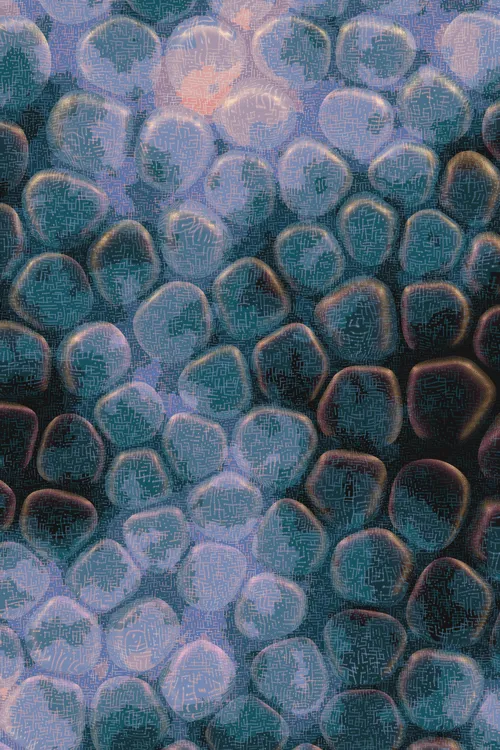 <p>Charlotte Dann’s “Vitreous” draws mysterious scenes of celestial arrangements and atomic bonds. Inspired by the artist’s fused glass practice, the background is layered with amorphous transparent forms that distort and magnify the art underneath, highlighting the abstract networks and connections that blur together upon first sight. In isolation, glass as a material is simple and transparent, but when used as a lens its most magical and unique property is revealed: the warping of perception. The new realities these distortions create are no less authentic than those absent of their effect – validating their alternate perspectives as an expansion of how we see our inner truth.</p>