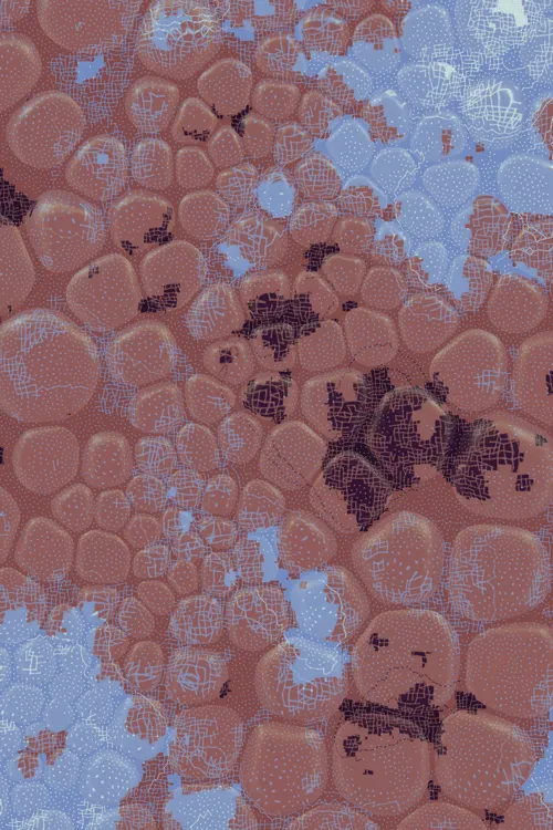 <p>Charlotte Dann’s “Vitreous” draws mysterious scenes of celestial arrangements and atomic bonds. Inspired by the artist’s fused glass practice, the background is layered with amorphous transparent forms that distort and magnify the art underneath, highlighting the abstract networks and connections that blur together upon first sight. In isolation, glass as a material is simple and transparent, but when used as a lens its most magical and unique property is revealed: the warping of perception. The new realities these distortions create are no less authentic than those absent of their effect – validating their alternate perspectives as an expansion of how we see our inner truth.</p>