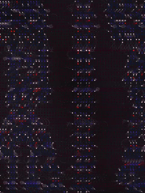 <p>With their collaboration “Cuneiform,” Presstube and bzor daydreamed about language as a natural secretion of intelligence – “an extrusion of information squirting through the universal aperture of lived experience.” They imagined this intelligence as something alive, something that grows from us rather than something invented by us. To make this piece, the two artists looked towards the masters of various “types” of language for inspiration — from Beethoven’s labored-over manuscripts to Sumerian clay tablets, Cy Twombly’s emotionally charged marks, Wolfram’s automata fever dream, ocellated lizard skin and octopus chromatophores. Each of these languages is an equal embodiment of their own truth, and a codification of what we all share.</p>