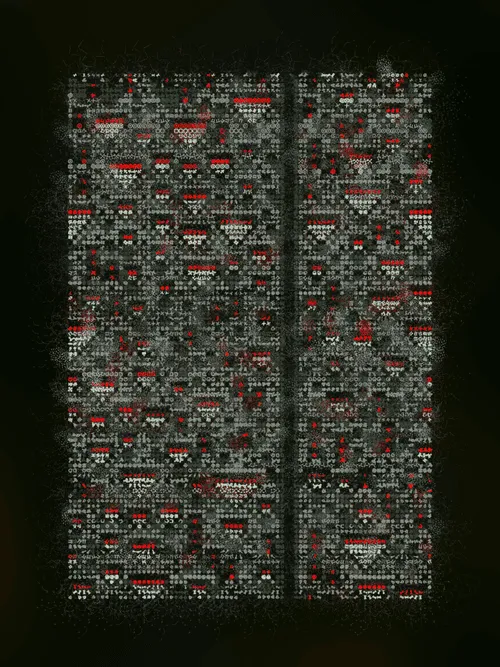 <p>With their collaboration “Cuneiform,” Presstube and bzor daydreamed about language as a natural secretion of intelligence – “an extrusion of information squirting through the universal aperture of lived experience.” They imagined this intelligence as something alive, something that grows from us rather than something invented by us. To make this piece, the two artists looked towards the masters of various “types” of language for inspiration — from Beethoven’s labored-over manuscripts to Sumerian clay tablets, Cy Twombly’s emotionally charged marks, Wolfram’s automata fever dream, ocellated lizard skin and octopus chromatophores. Each of these languages is an equal embodiment of their own truth, and a codification of what we all share.</p>