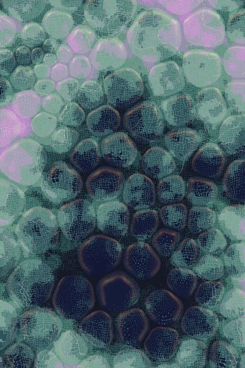 <p>Charlotte Dann’s “Vitreous” draws mysterious scenes of celestial arrangements and atomic bonds. Inspired by the artist’s fused glass practice, the background is layered with amorphous transparent forms that distort and magnify the art underneath, highlighting the abstract networks and connections that blur together upon first sight. In isolation, glass as a material is simple and transparent, but when used as a lens its most magical and unique property is revealed: the warping of perception. The new realities these distortions create are no less authentic than those absent of their effect – validating their alternate perspectives as an expansion of how we see our inner truth.</p>