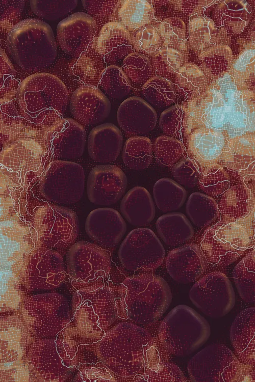 <p>Charlotte Dann’s “Vitreous” draws mysterious scenes of celestial arrangements and atomic bonds. Inspired by the artist’s fused glass practice, the background is layered with amorphous transparent forms that distort and magnify the art underneath, highlighting the abstract networks and connections that blur together upon first sight. In isolation, glass as a material is simple and transparent, but when used as a lens its most magical and unique property is revealed: the warping of perception. The new realities these distortions create are no less authentic than those absent of their effect – validating their alternate perspectives as an expansion of how we see our inner truth.</p>