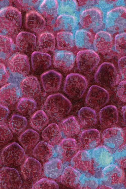 <p>Charlotte Dann’s “Vitreous” draws mysterious scenes of celestial arrangements and atomic bonds. Inspired by the artist’s fused glass practice, the background is layered with amorphous transparent forms that distort and magnify the art underneath, highlighting the abstract networks and connections that blur together upon first sight. In isolation, glass as a material is simple and transparent, but when used as a lens its most magical and unique property is revealed: the warping of perception. The new realities these distortions create are no less authentic than those absent of their effect – validating their alternate perspectives as an expansion of how we see our inner truth.</p>