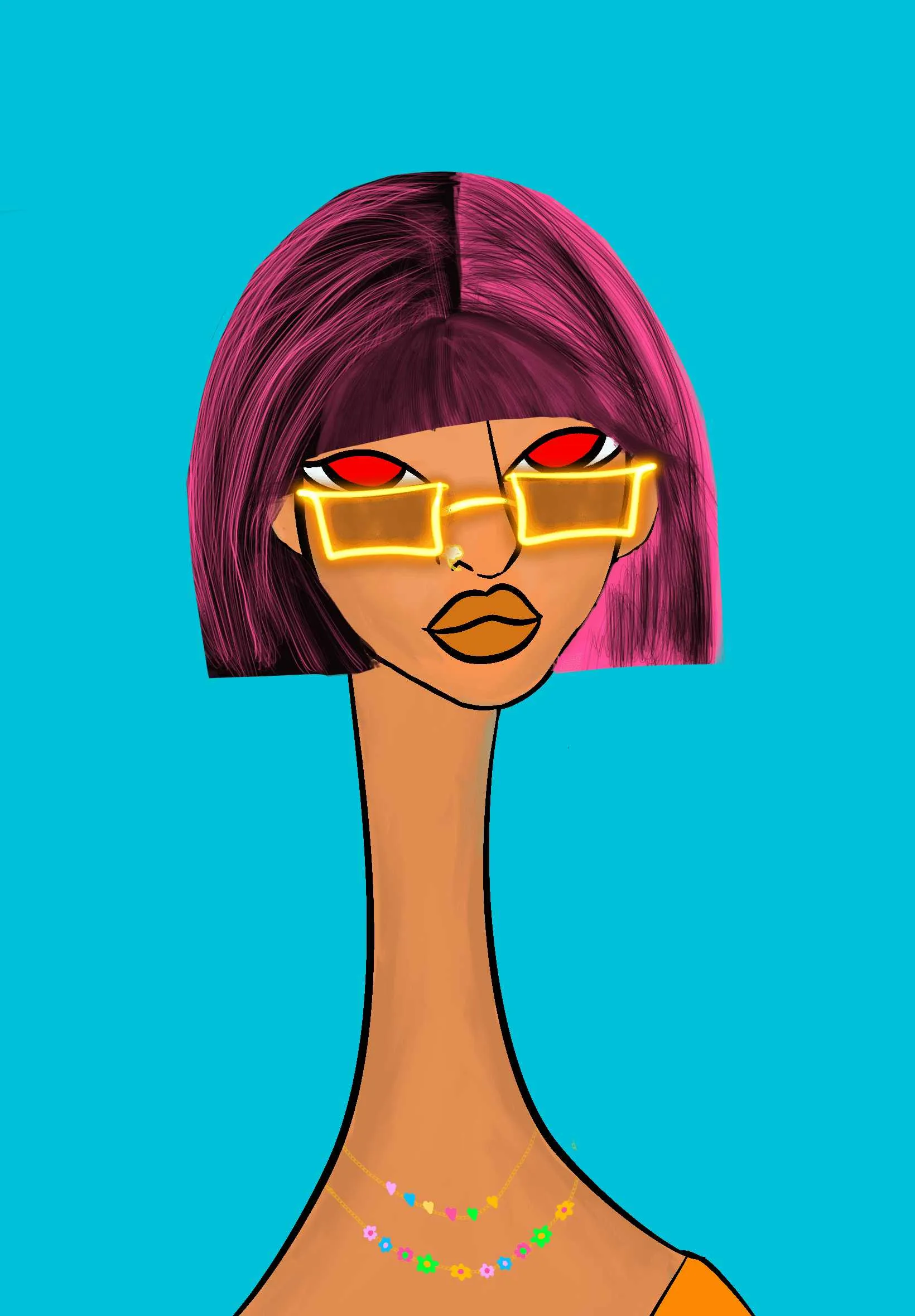 This Long Neckie Lady #2123 is a fine art, hand drawn, computer generated collectible out of 3333 diverse females created by 12-year-old digital artist Nyla Hayes. Each Long Neckie features an elongated neck that is inspired by Nyla’s favorite dinosaur, the brontosaurus. Nyla has collaborated her signature long Neckie collection with Andi Rutz, using Computer Generation to create 3333 unique ladies, with up to 101 traits, using an erc-721 contract and living on the eth blockchain.