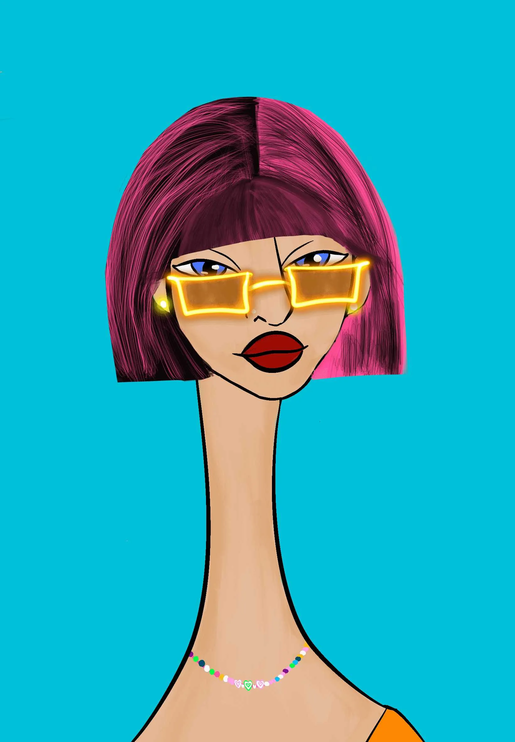 This Long Neckie Lady #2014 is a fine art, hand drawn, computer generated collectible out of 3333 diverse females created by 12-year-old digital artist Nyla Hayes. Each Long Neckie features an elongated neck that is inspired by Nyla’s favorite dinosaur, the brontosaurus. Nyla has collaborated her signature long Neckie collection with Andi Rutz, using Computer Generation to create 3333 unique ladies, with up to 101 traits, using an erc-721 contract and living on the eth blockchain.